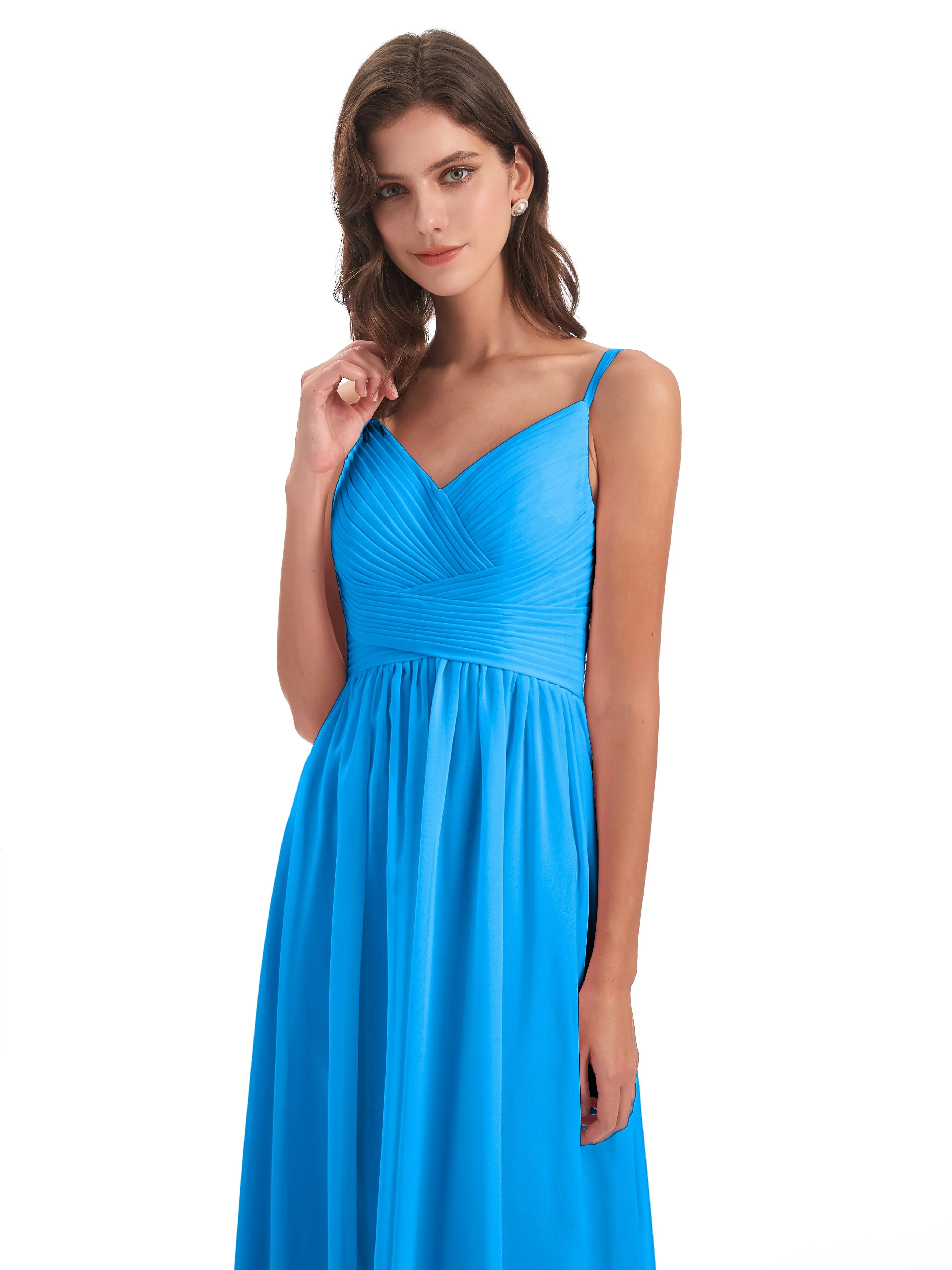 Poppy Simple Spaghetti Straps Pleating Long Bridesmaid Dresses