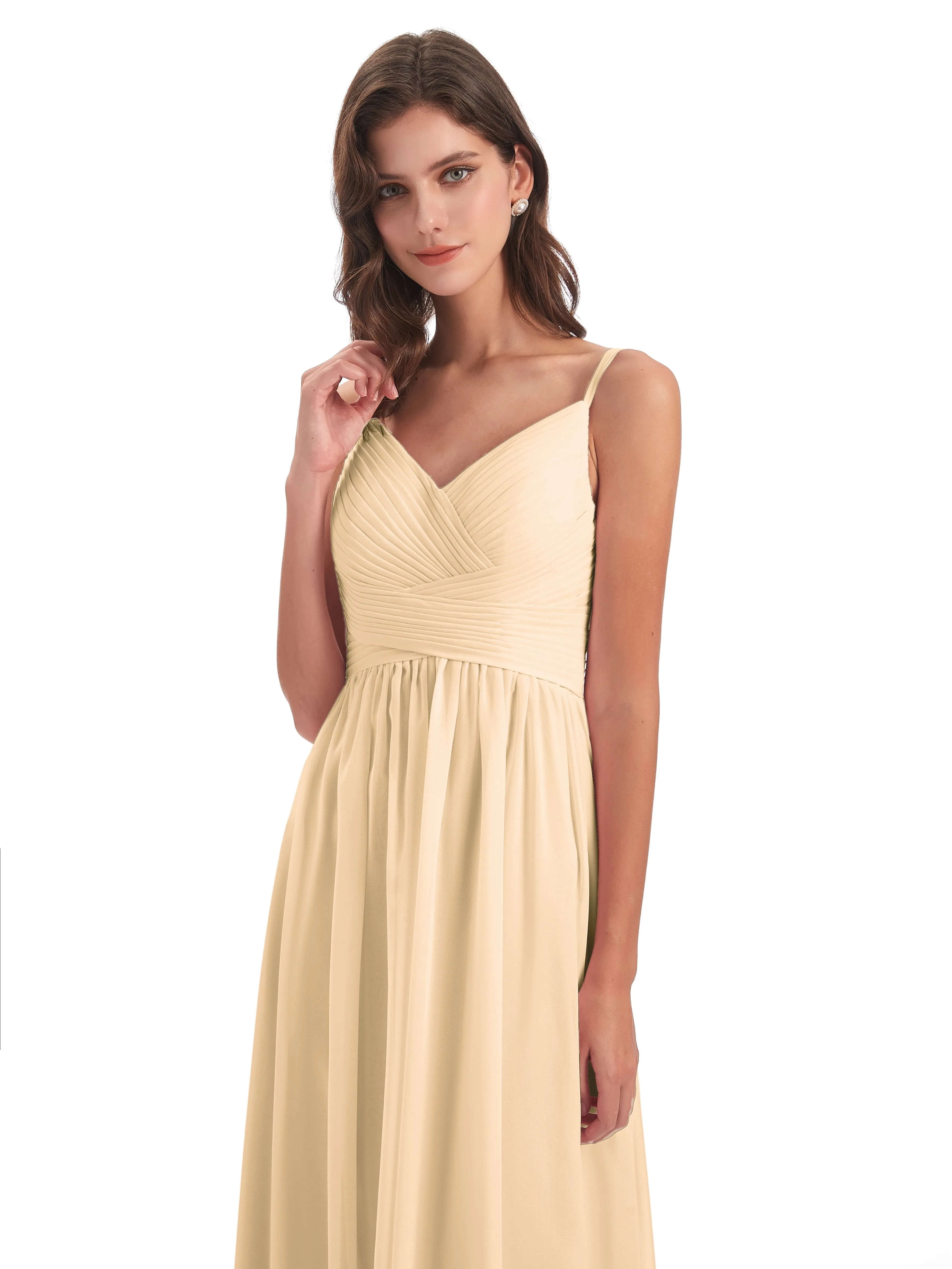 Poppy Simple Spaghetti Straps Pleating Long Bridesmaid Dresses