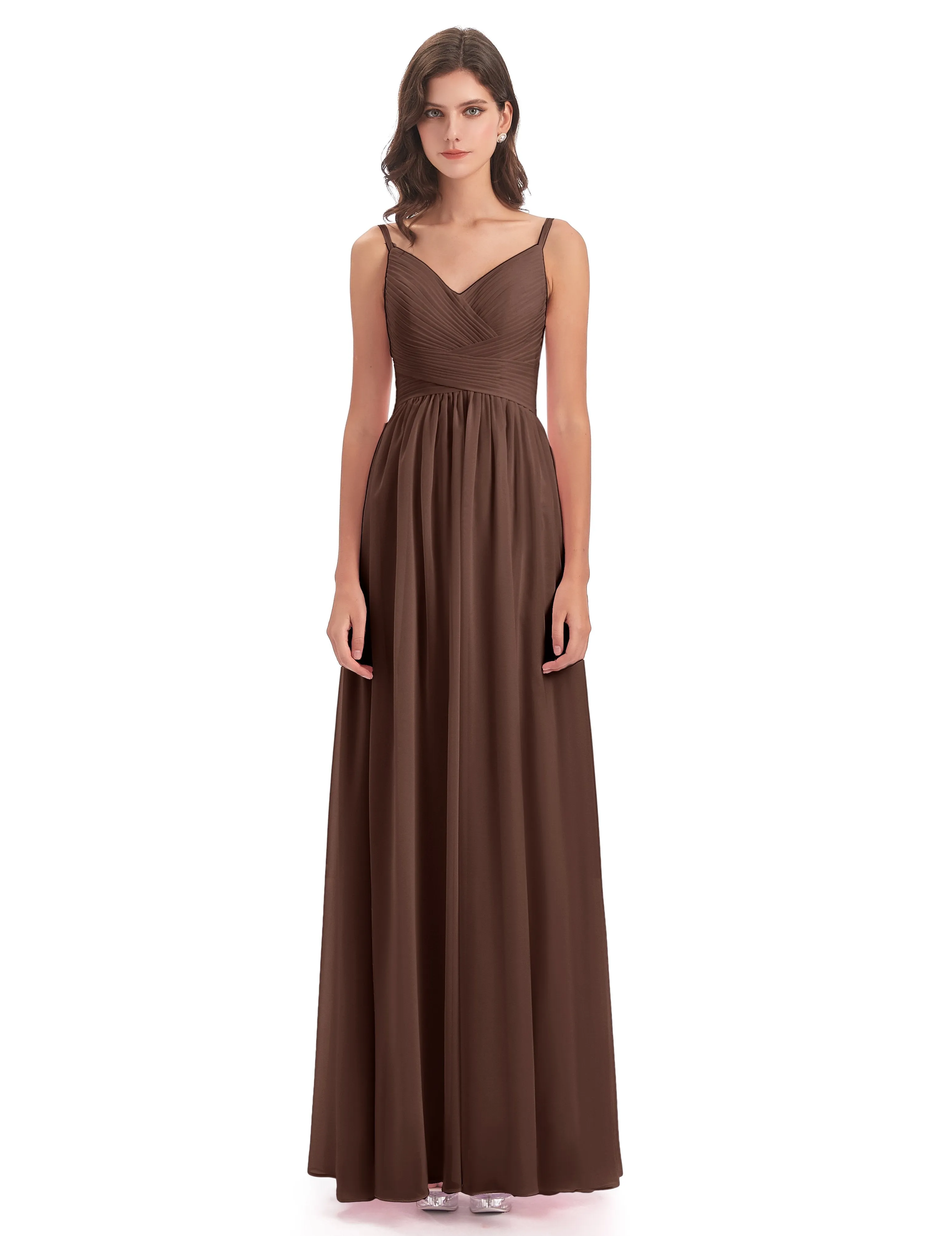 Poppy Simple Spaghetti Straps Pleating Long Bridesmaid Dresses