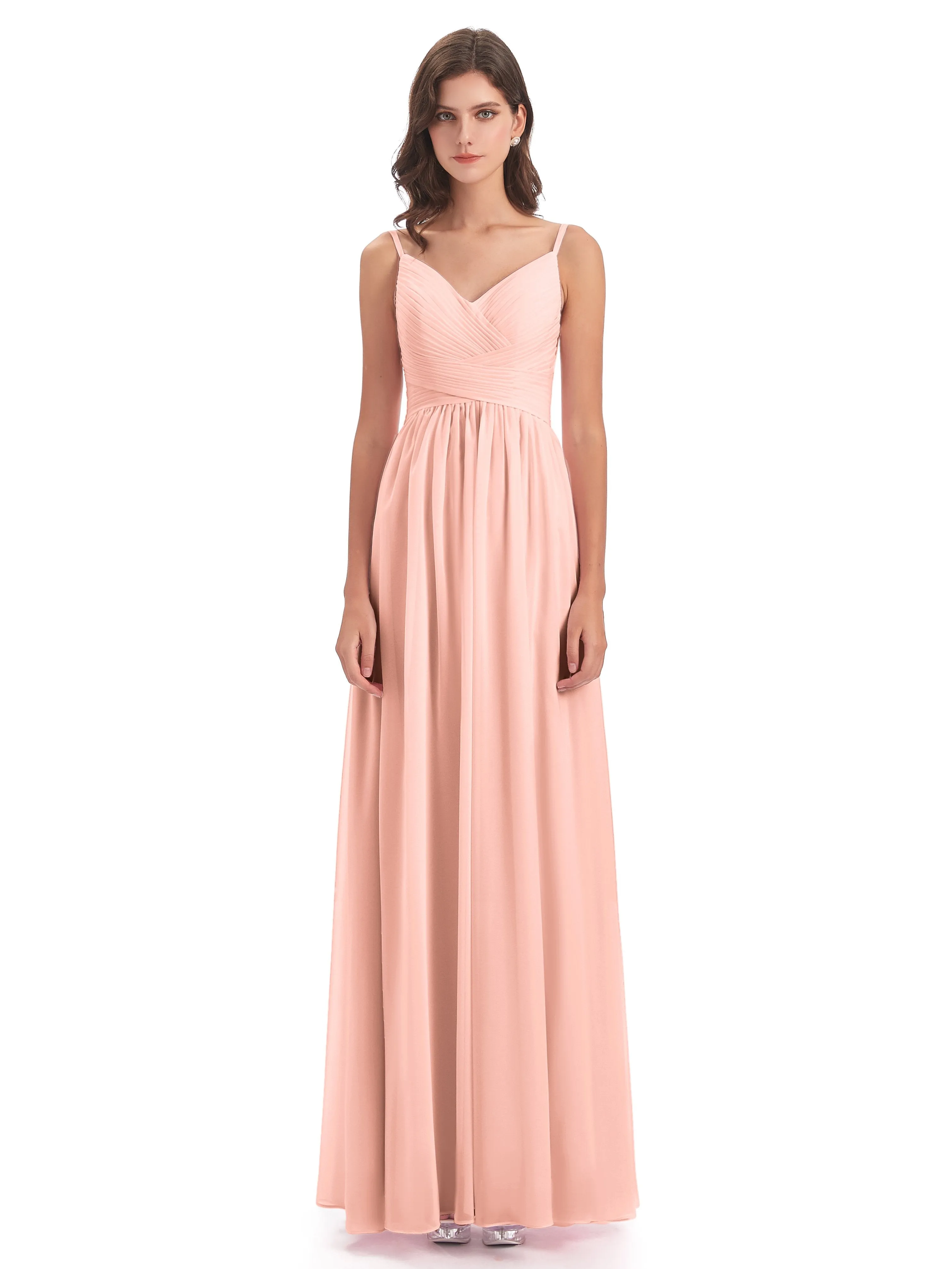 Poppy Simple Spaghetti Straps Pleating Long Bridesmaid Dresses