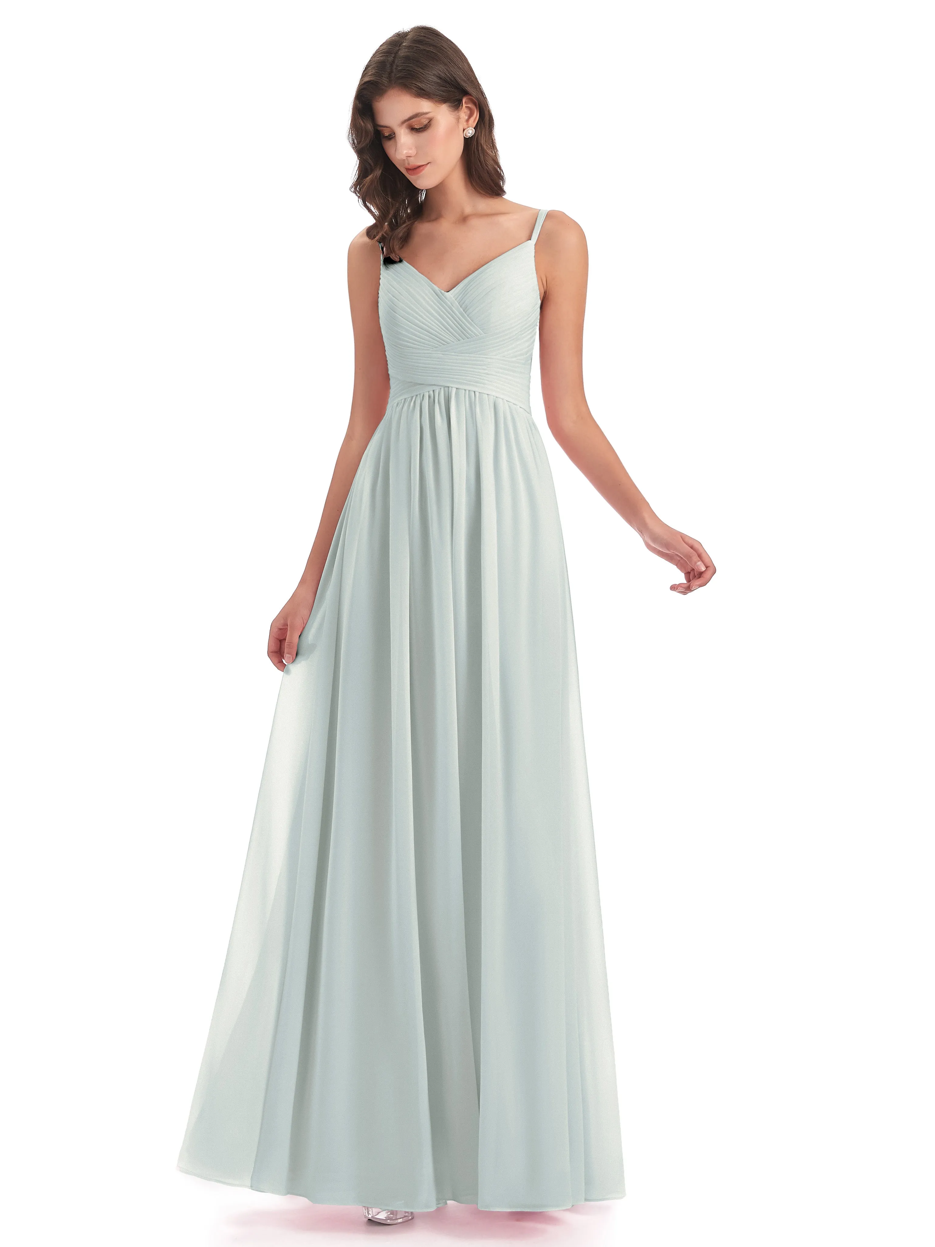 Poppy Simple Spaghetti Straps Pleating Long Bridesmaid Dresses