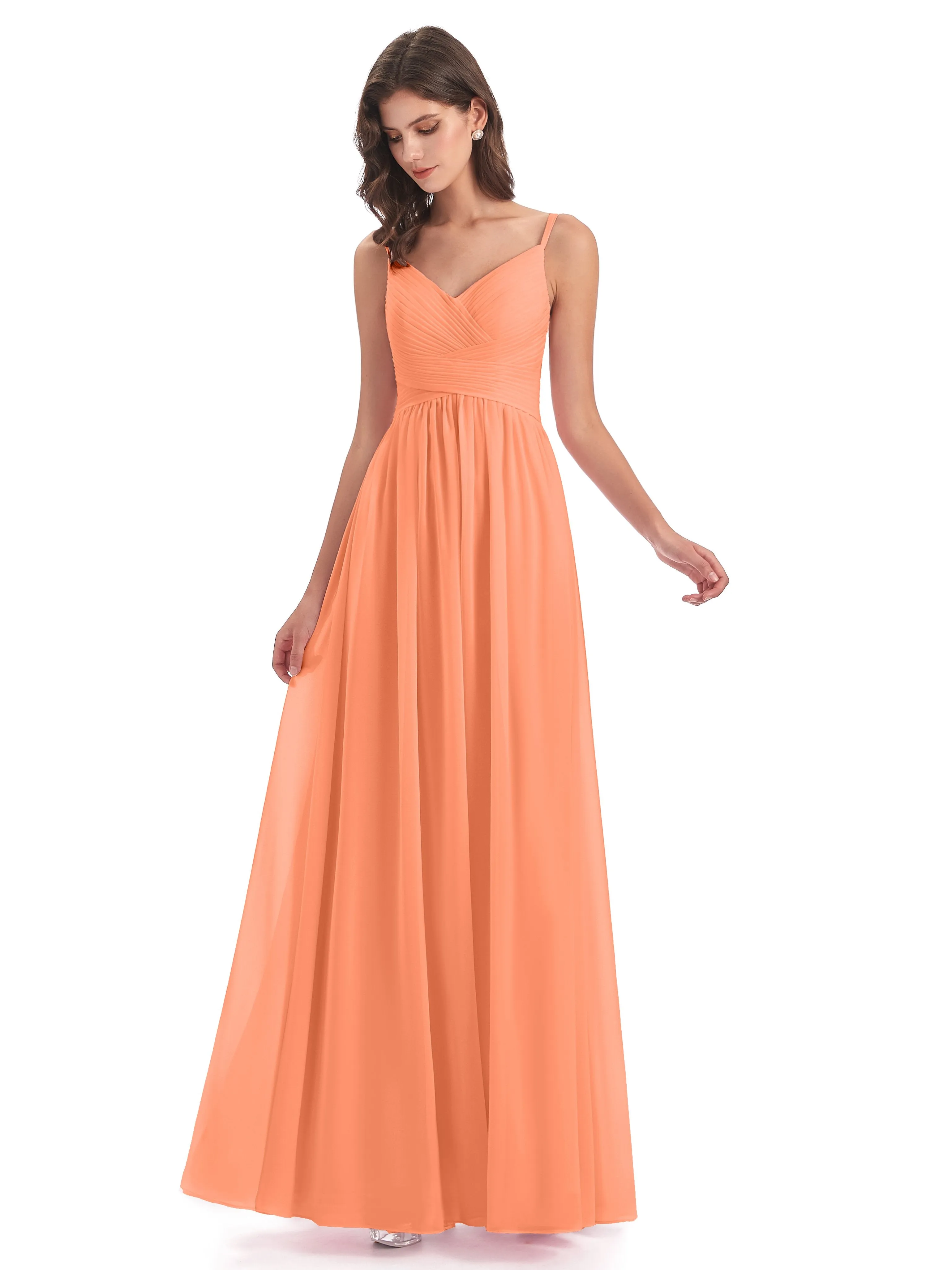 Poppy Simple Spaghetti Straps Pleating Long Bridesmaid Dresses