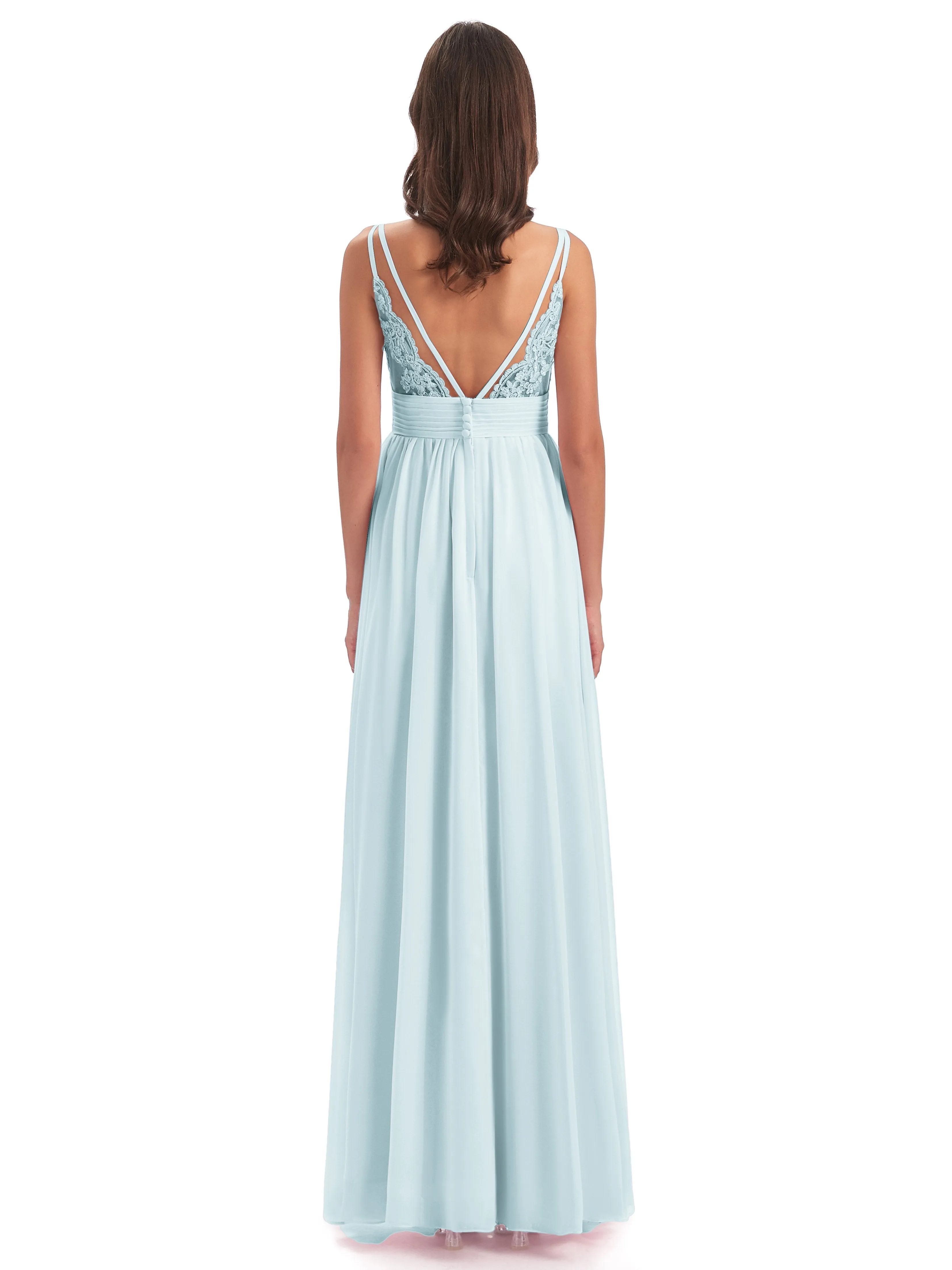 Poppy Simple Spaghetti Straps Pleating Long Bridesmaid Dresses