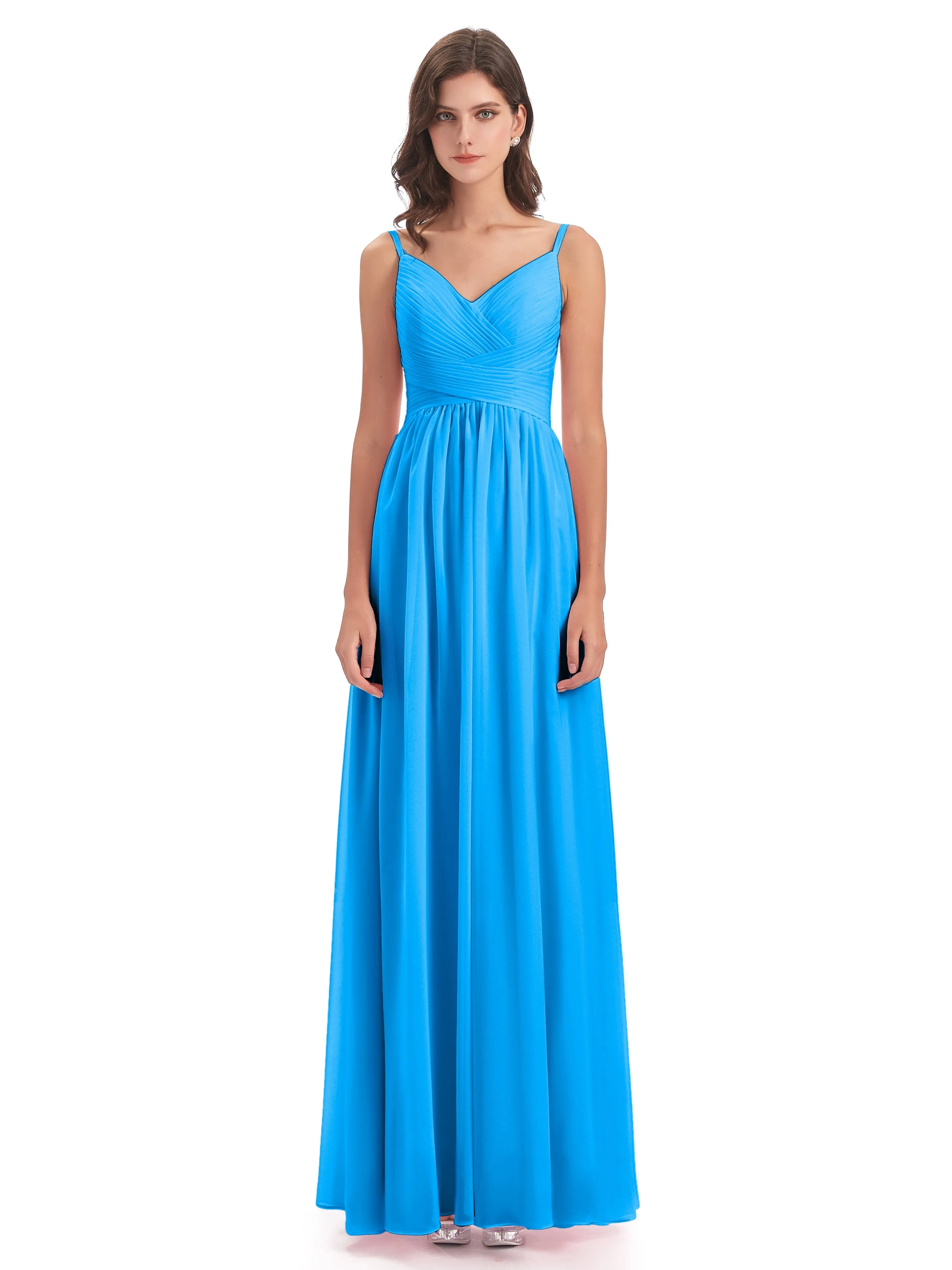 Poppy Simple Spaghetti Straps Pleating Long Bridesmaid Dresses