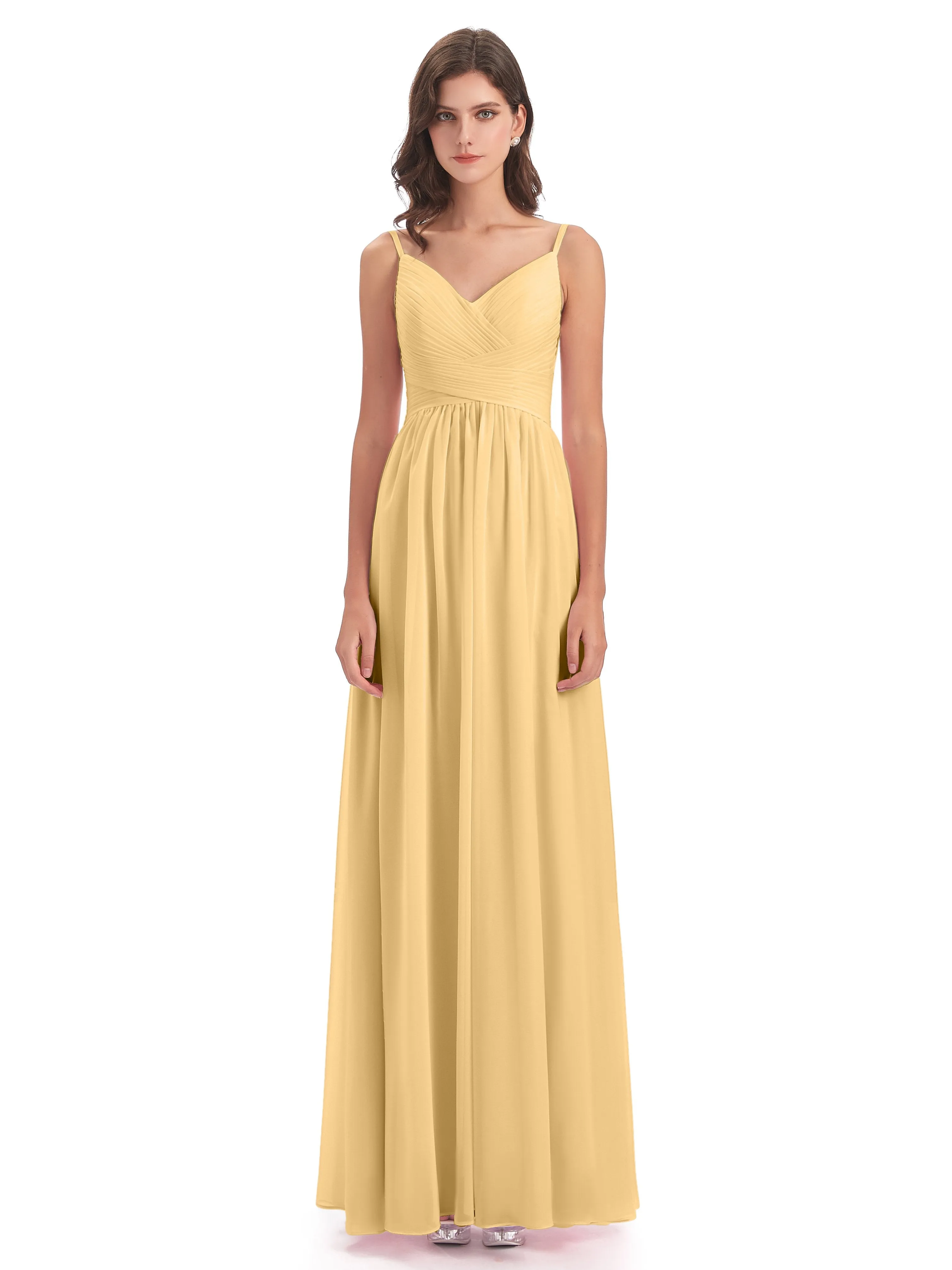 Poppy Simple Spaghetti Straps Pleating Long Bridesmaid Dresses