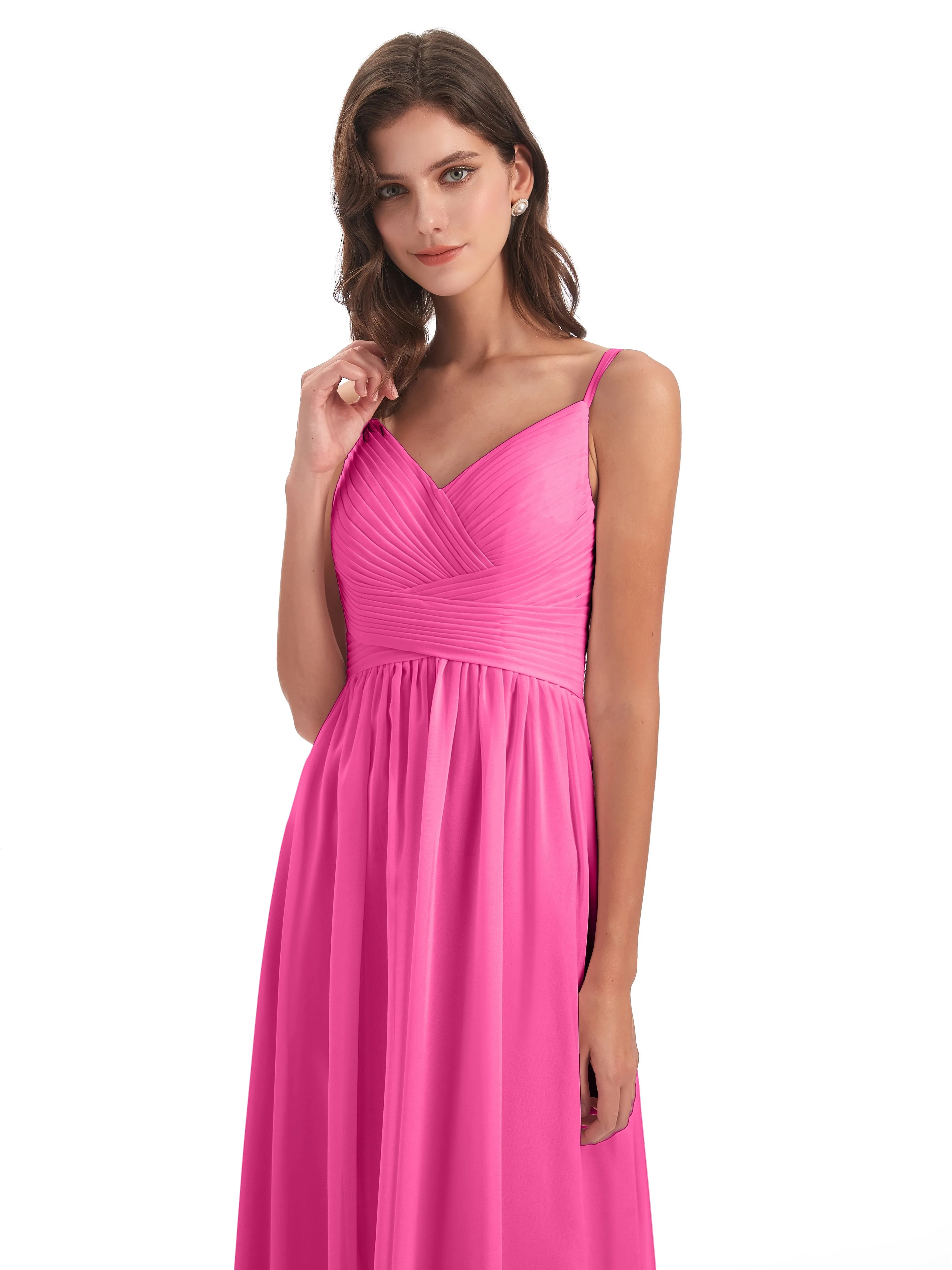 Poppy Simple Spaghetti Straps Pleating Long Bridesmaid Dresses