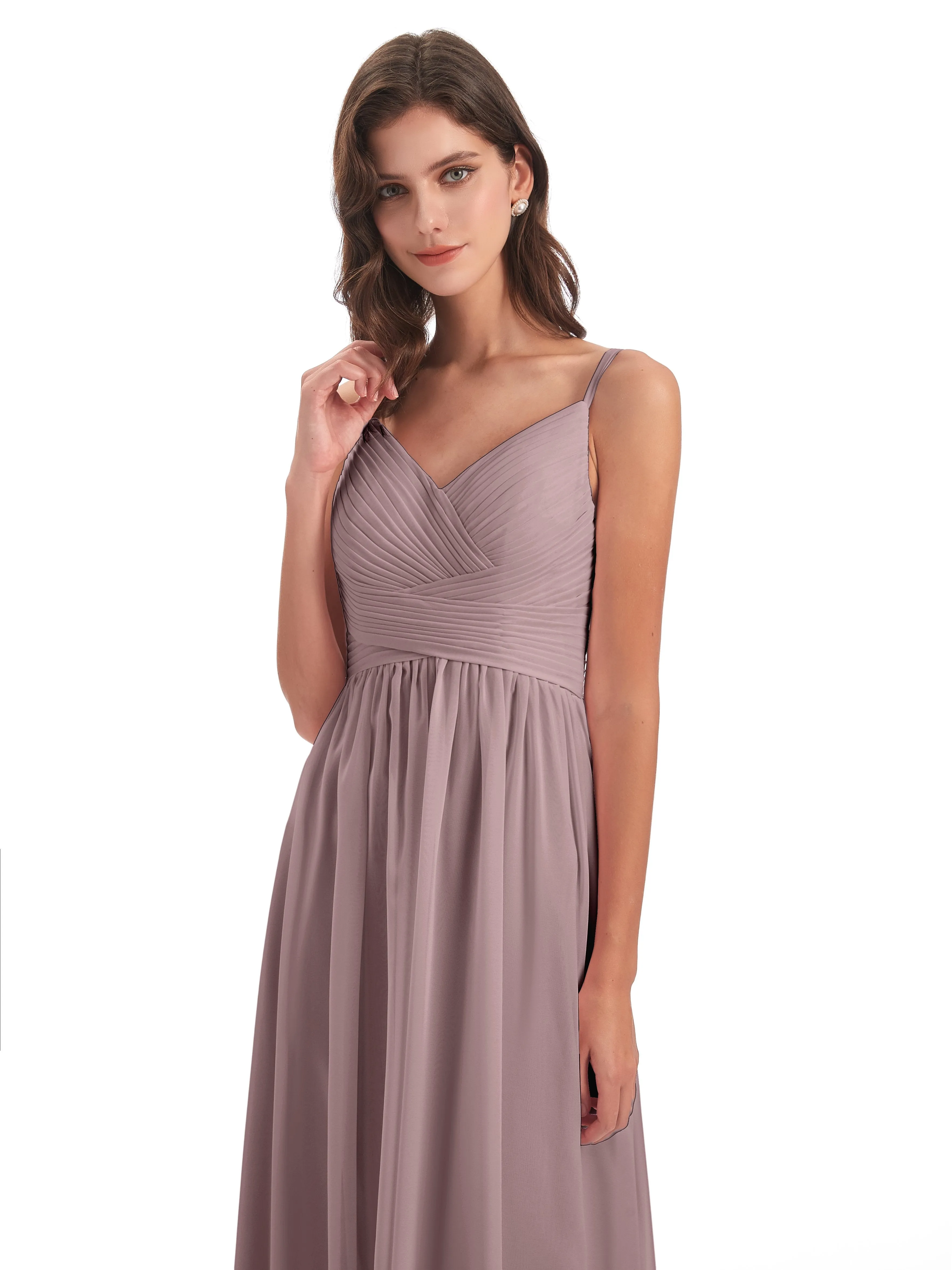 Poppy Simple Spaghetti Straps Pleating Long Bridesmaid Dresses