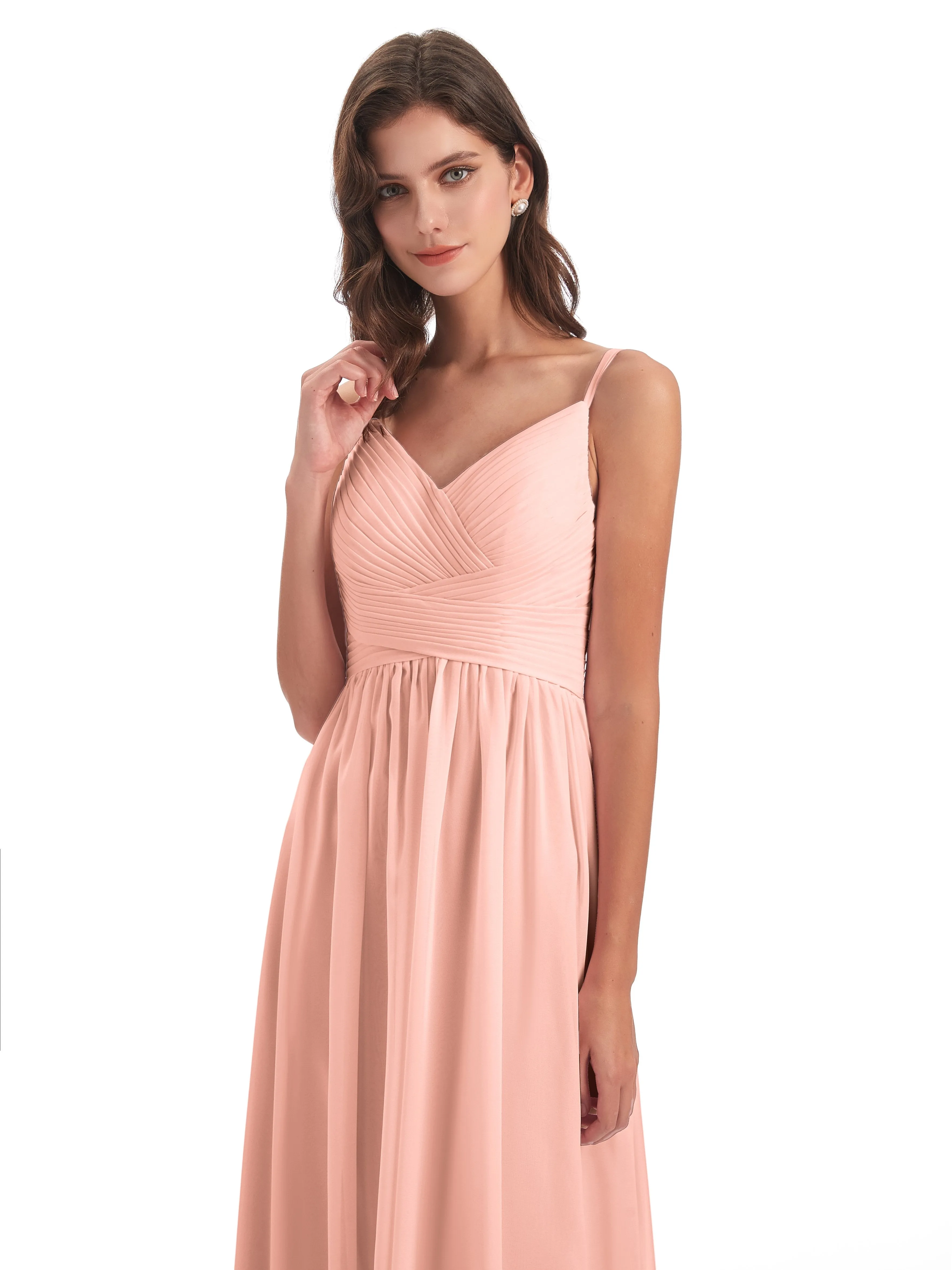 Poppy Simple Spaghetti Straps Pleating Long Bridesmaid Dresses