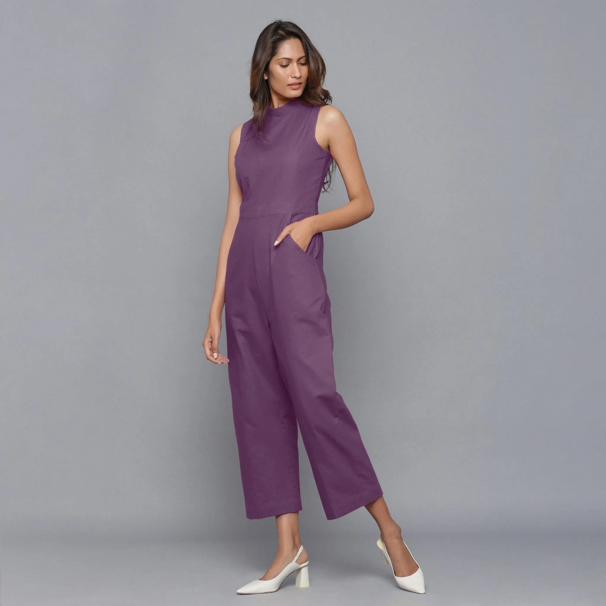 Purple Warm Cotton Flannel Princess Line Midi Jumpsuit