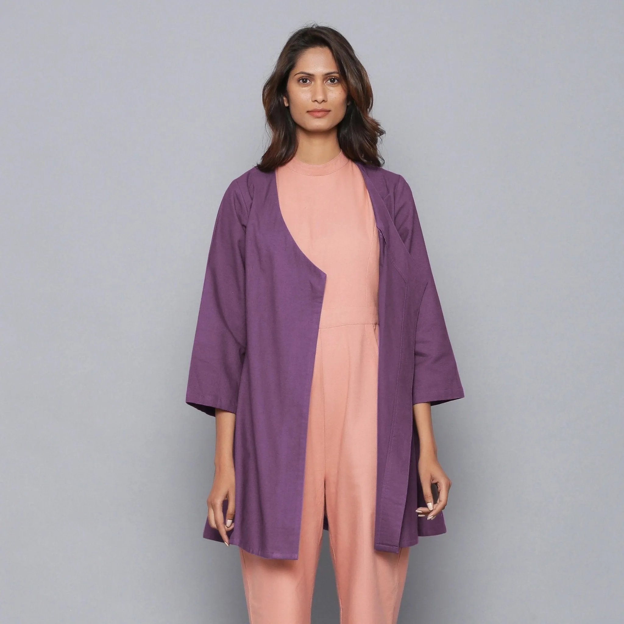 Purple Warm Cotton Flannel V-Neck Wrap Overlay