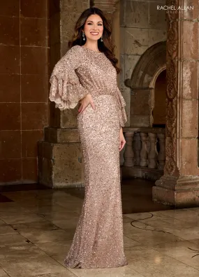 Rachel Allan RB8137 Sheath Gown with Embellished Cinched Waist and Waterfall Sleeves