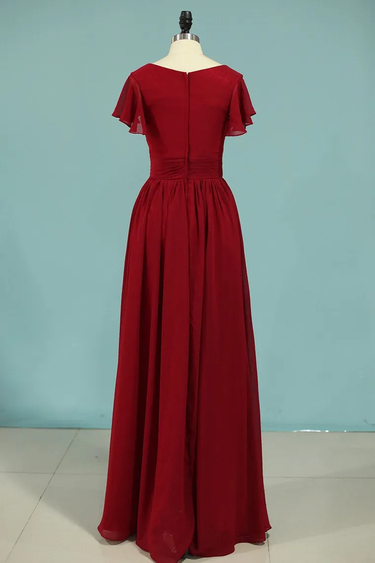 Red Chiffon V-Neck Ruffled A-Line Long Bridesmaid Dress