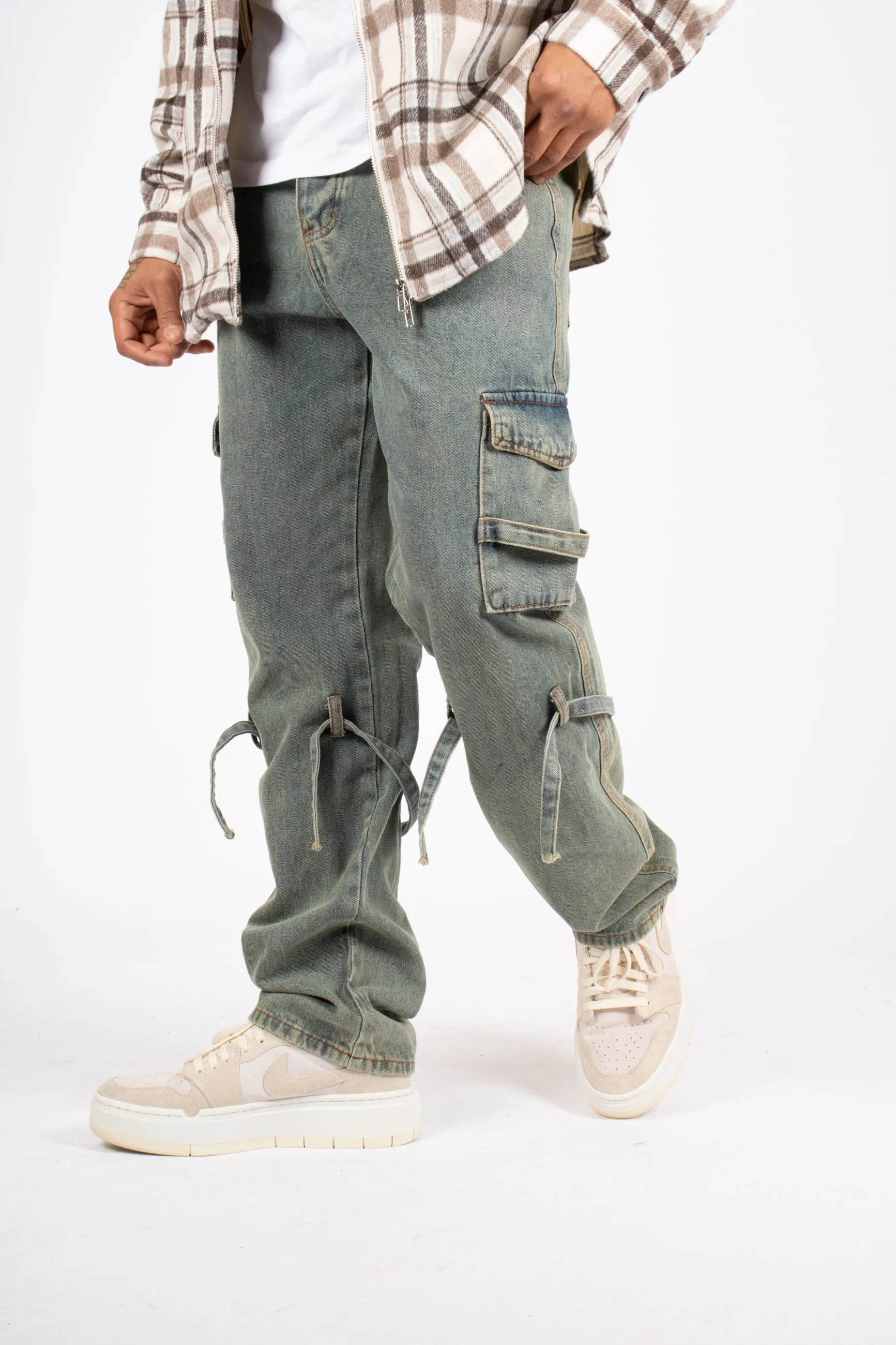 Relaxed Dirty Wash Cargo Pants with Strap Detail