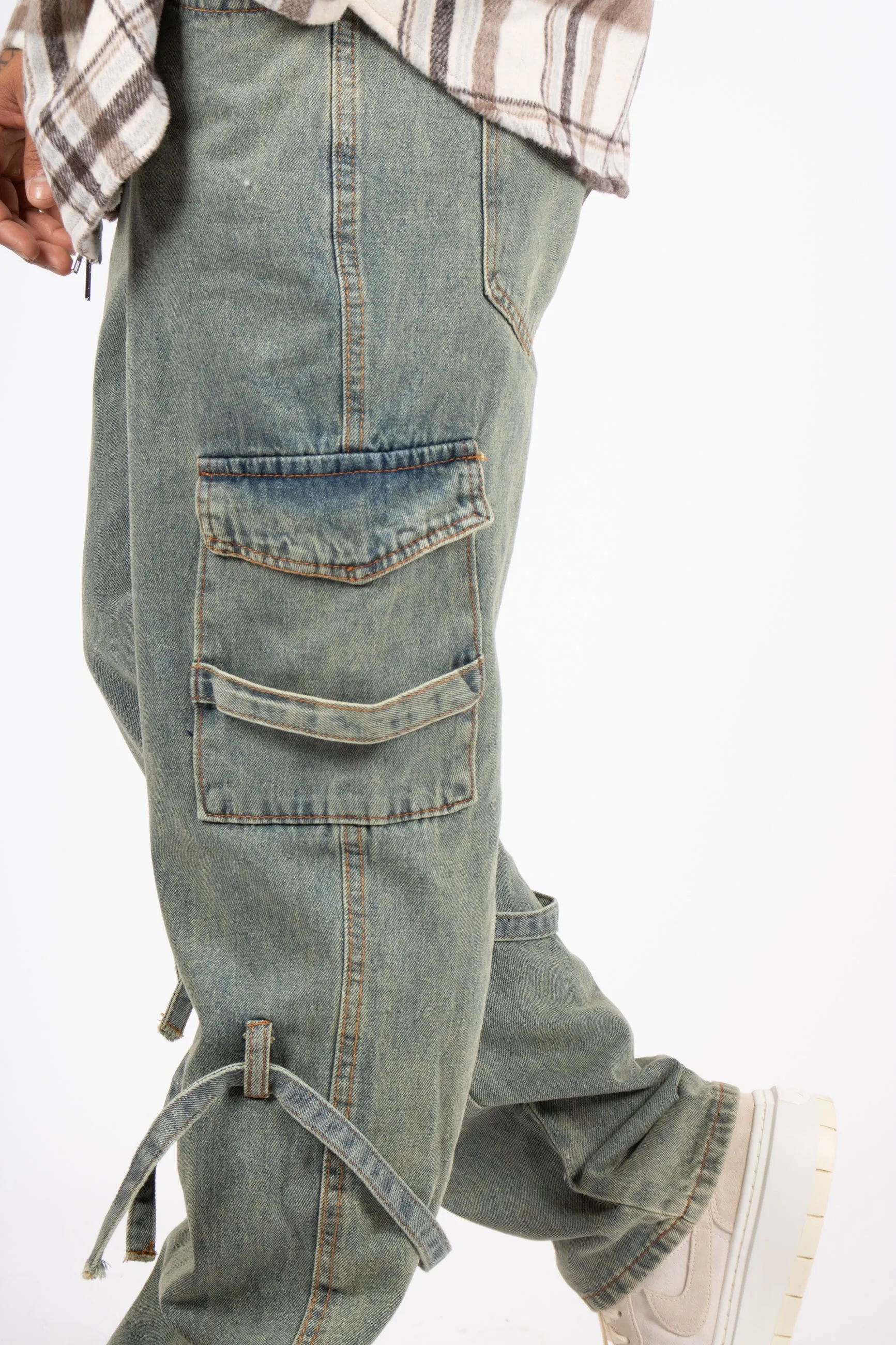 Relaxed Dirty Wash Cargo Pants with Strap Detail