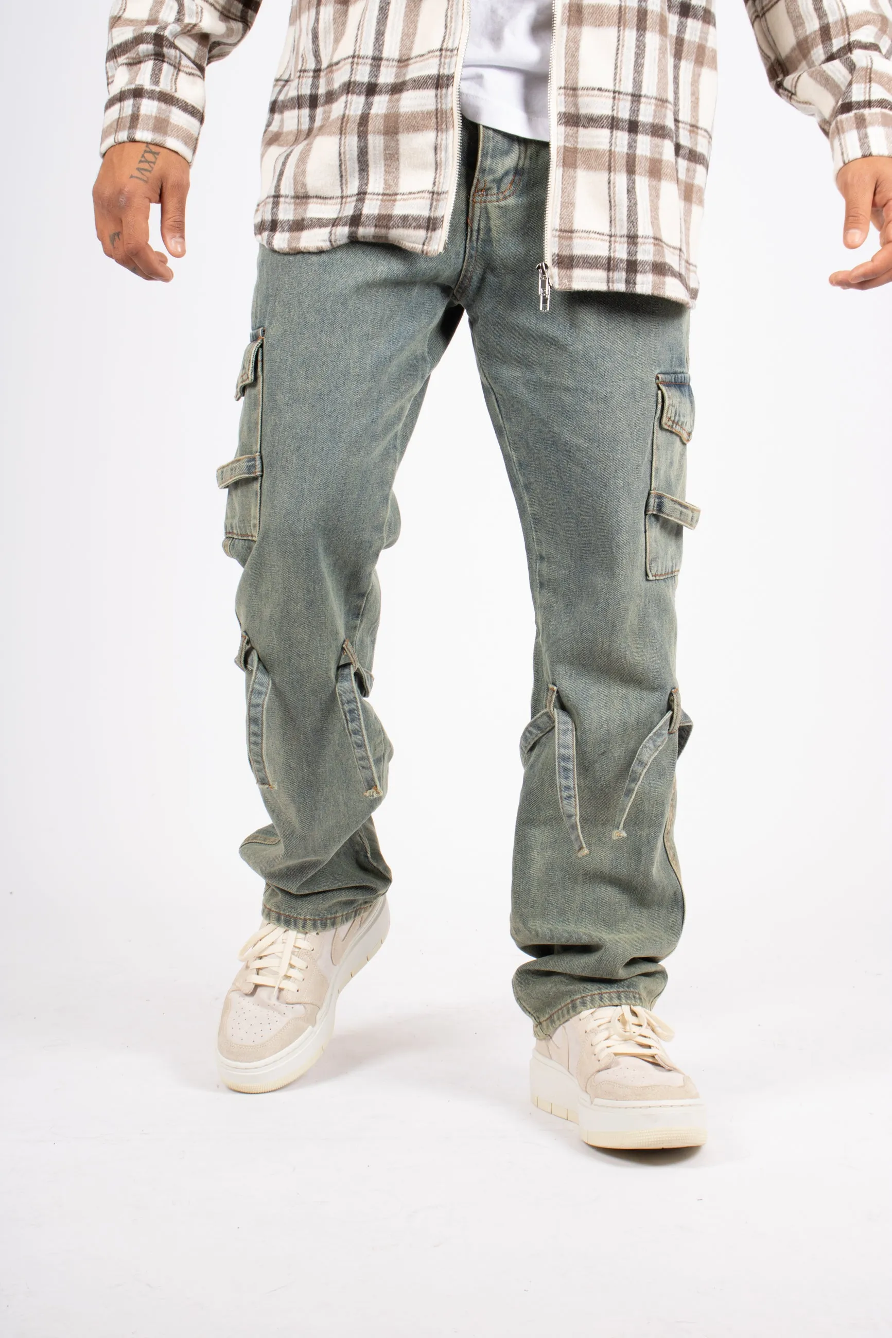 Relaxed Dirty Wash Cargo Pants with Strap Detail