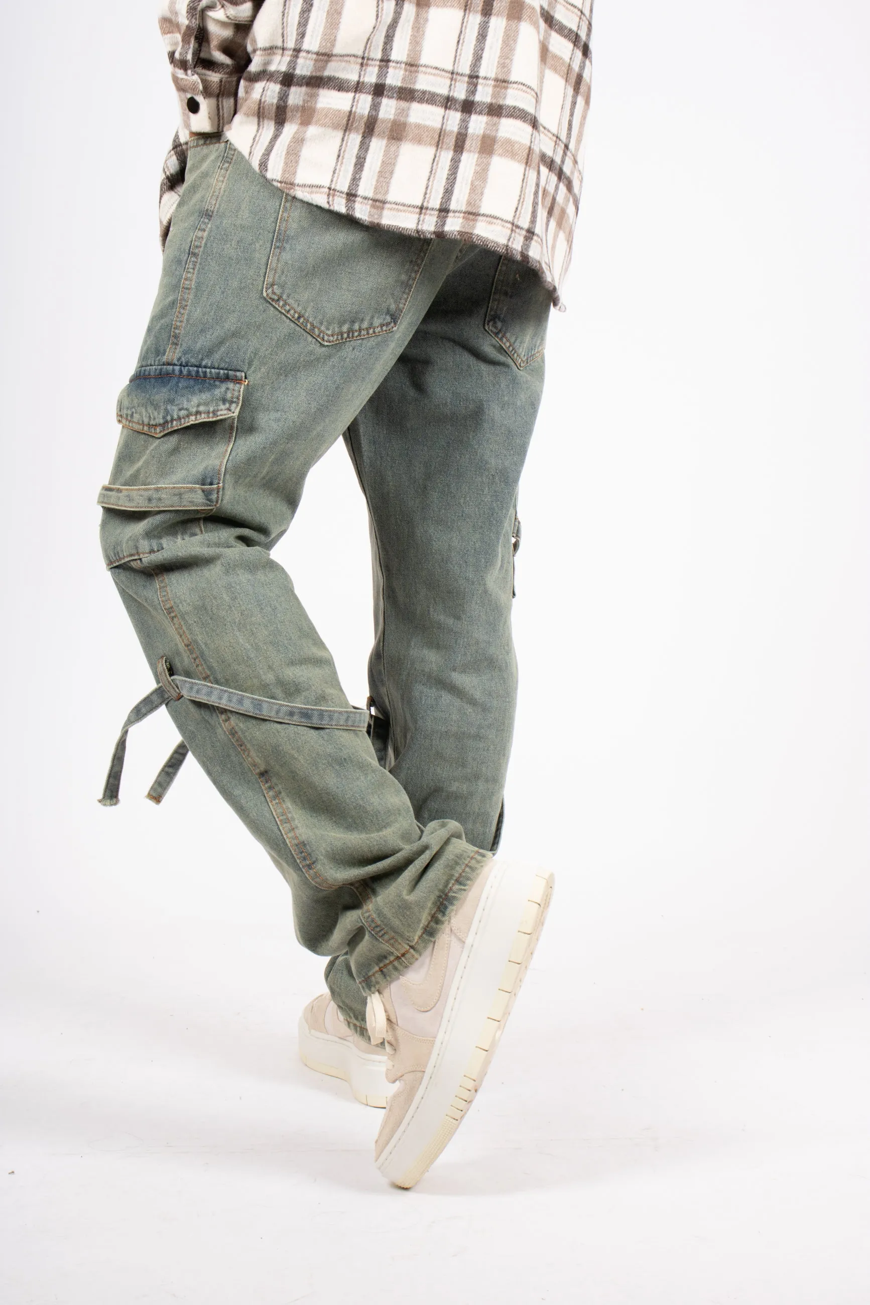 Relaxed Dirty Wash Cargo Pants with Strap Detail