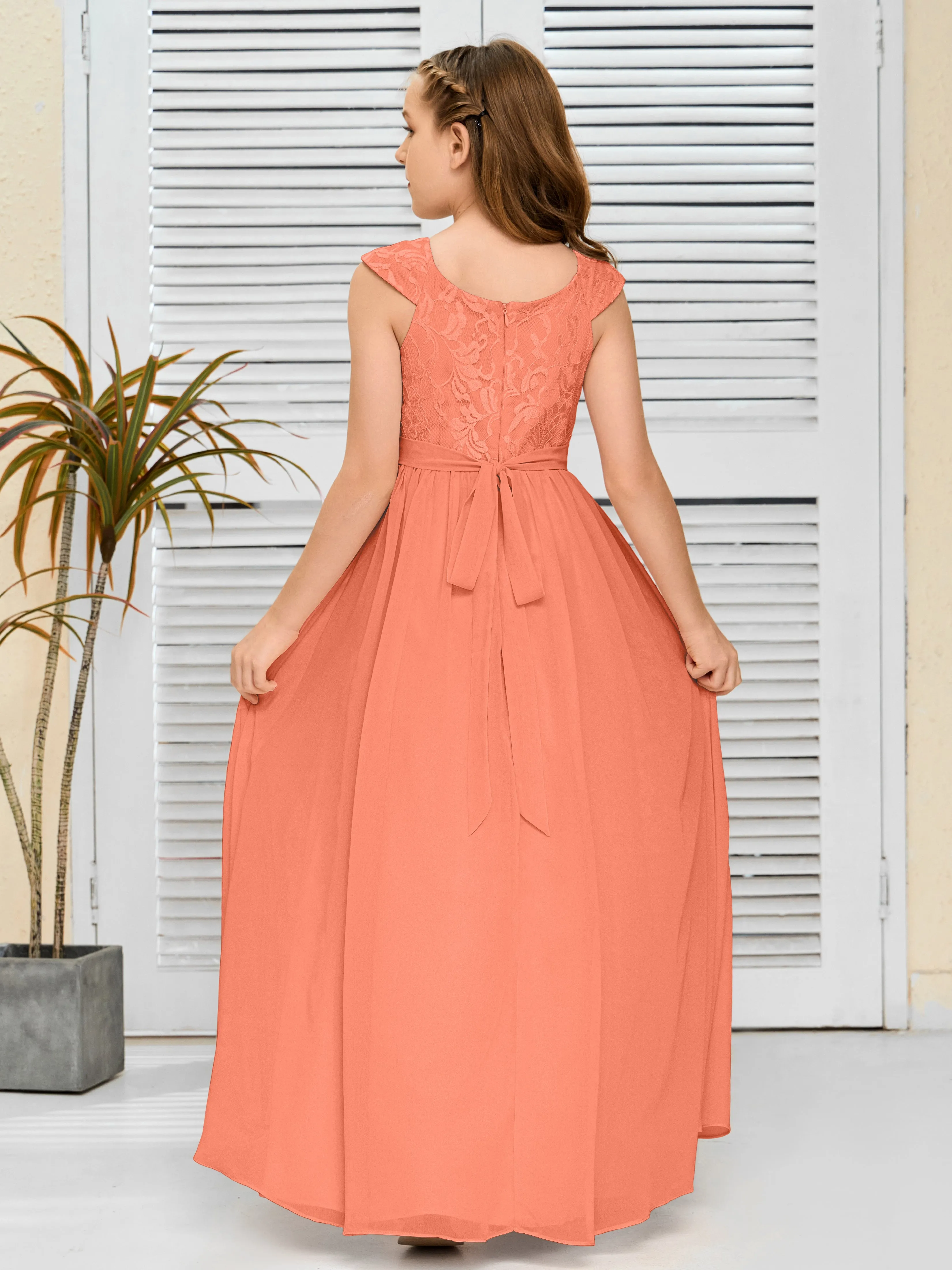 Round Neck Cap Sleeves Chiffon Junior Bridesmaid Dress