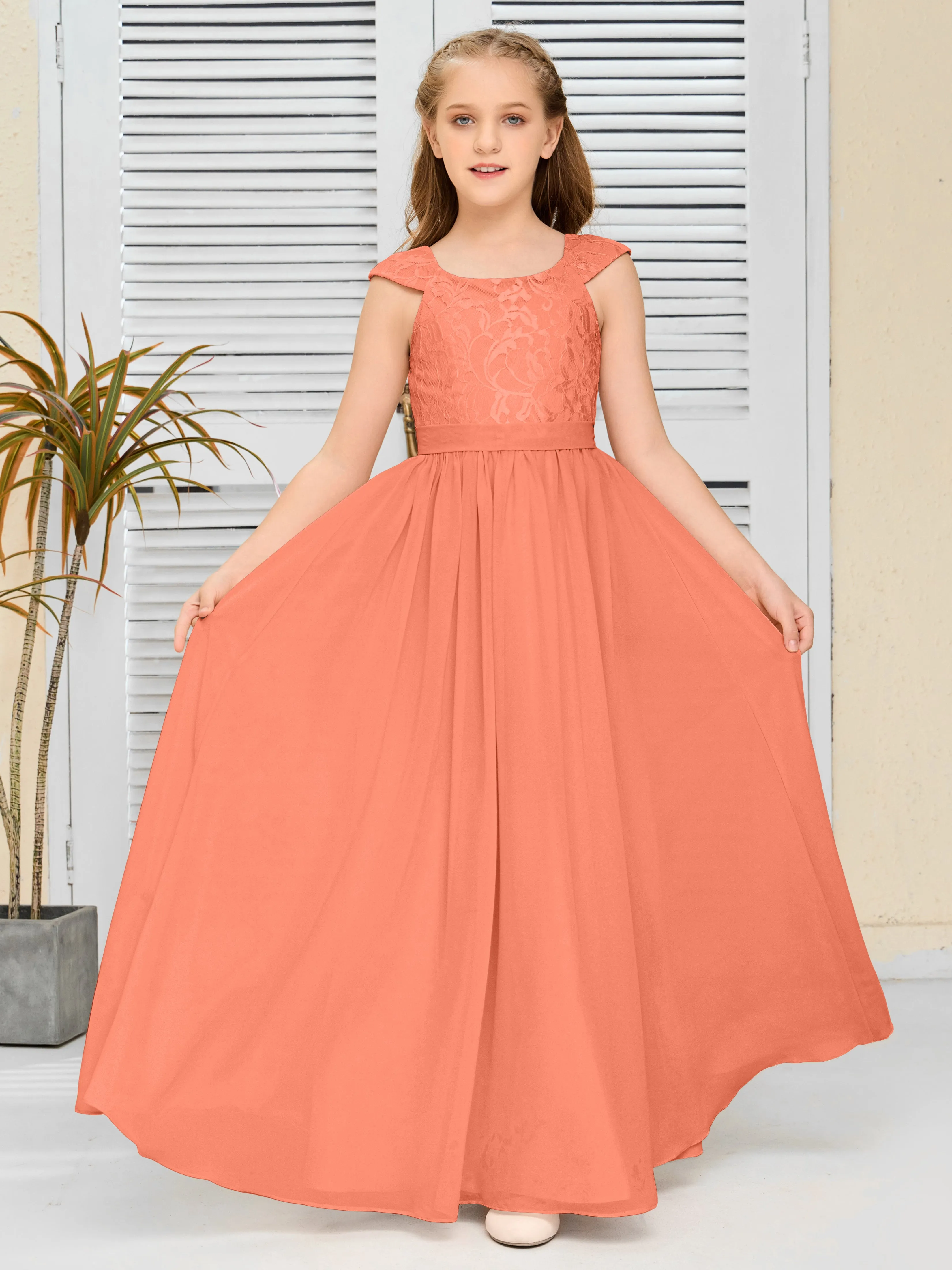 Round Neck Cap Sleeves Chiffon Junior Bridesmaid Dress