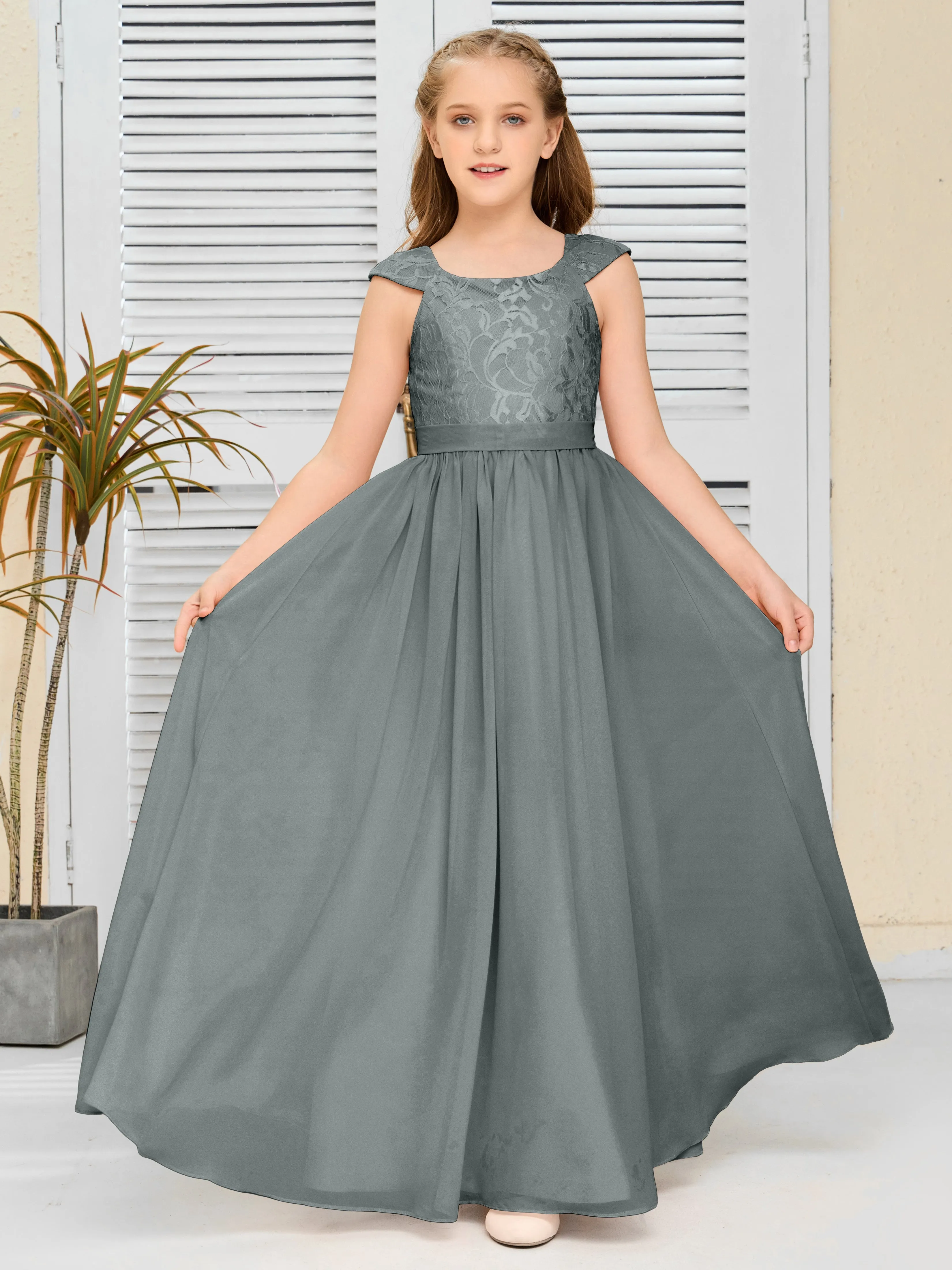 Round Neck Cap Sleeves Chiffon Junior Bridesmaid Dress