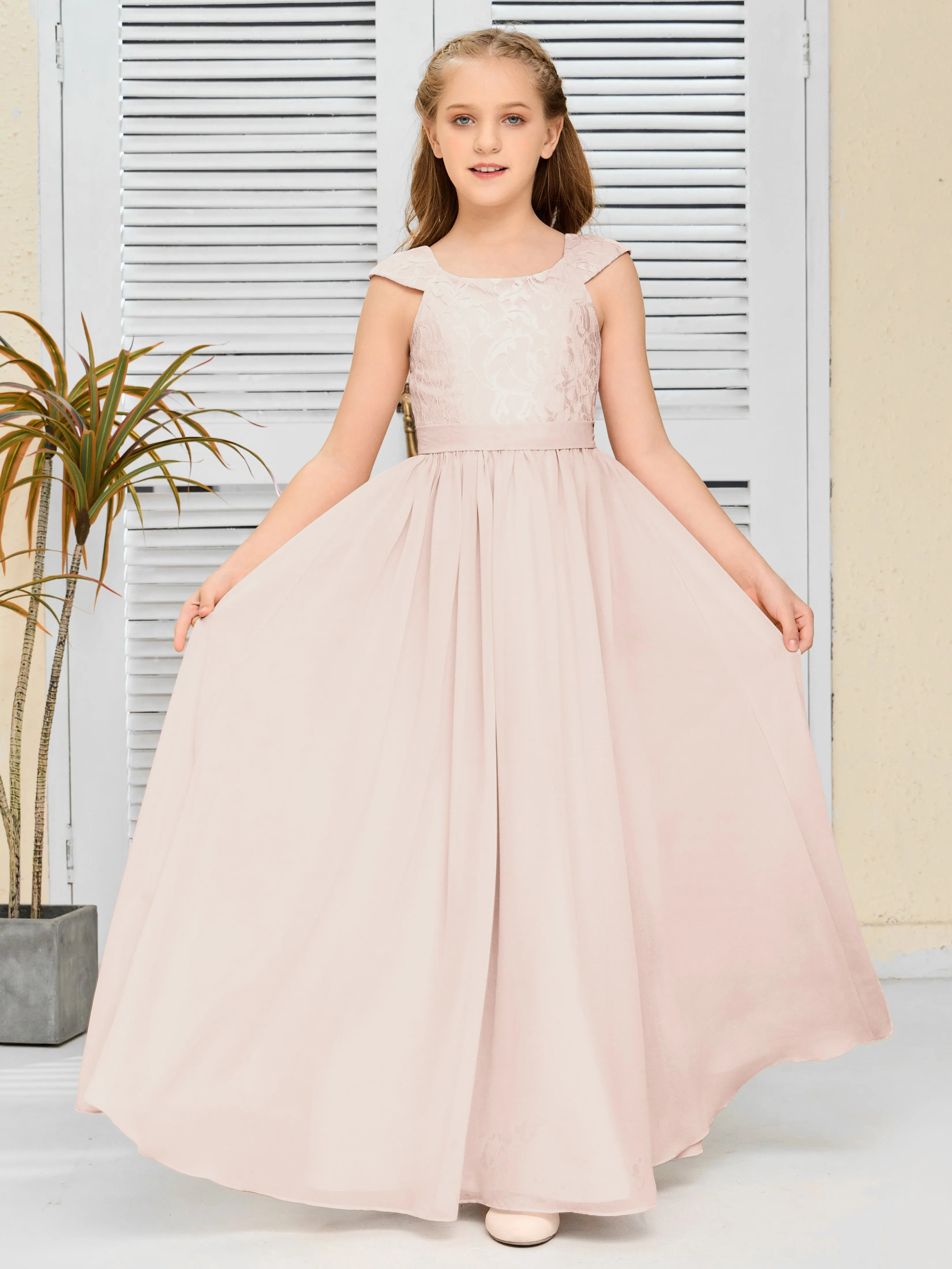 Round Neck Cap Sleeves Chiffon Junior Bridesmaid Dress