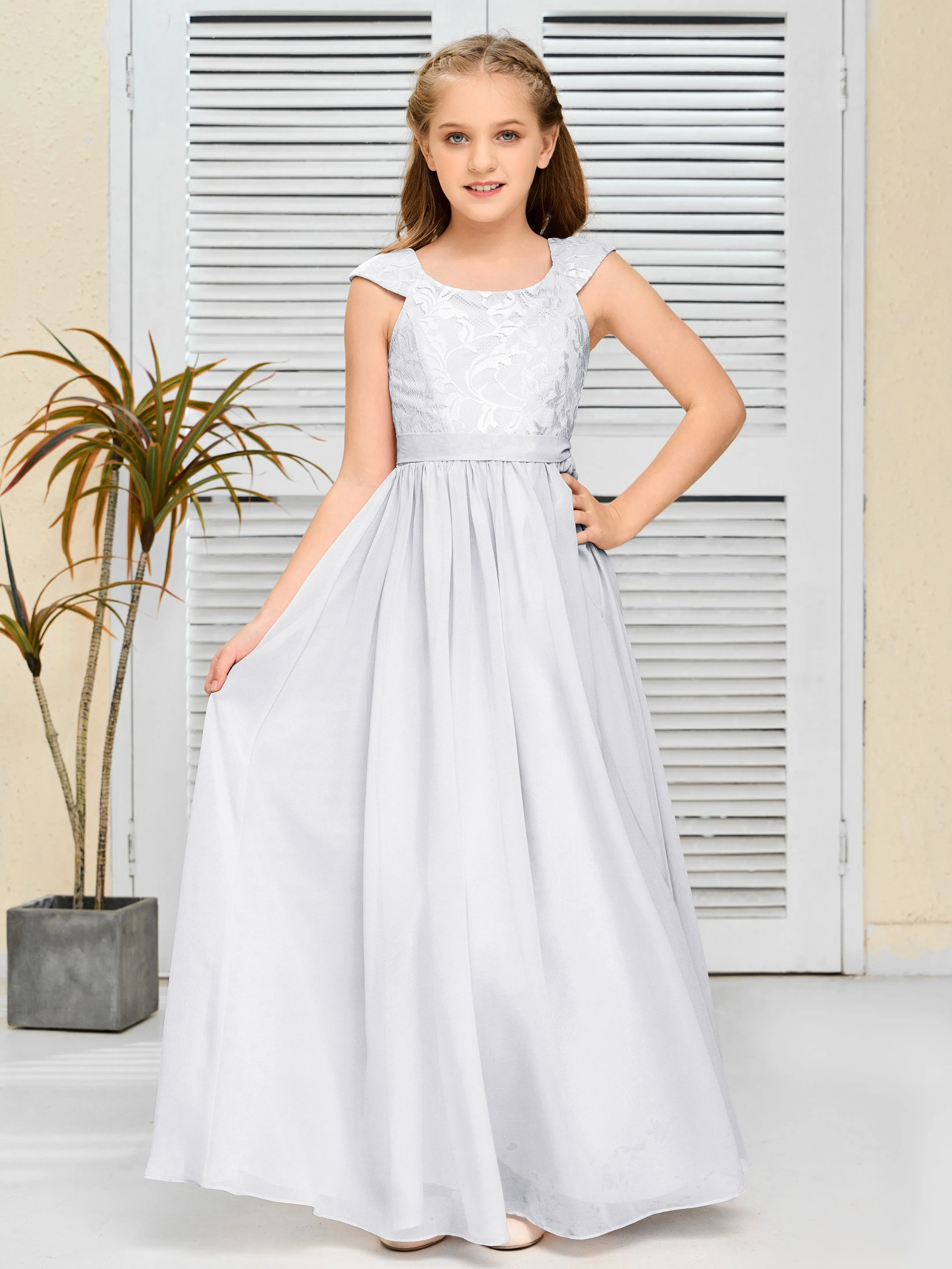 Round Neck Cap Sleeves Chiffon Junior Bridesmaid Dress