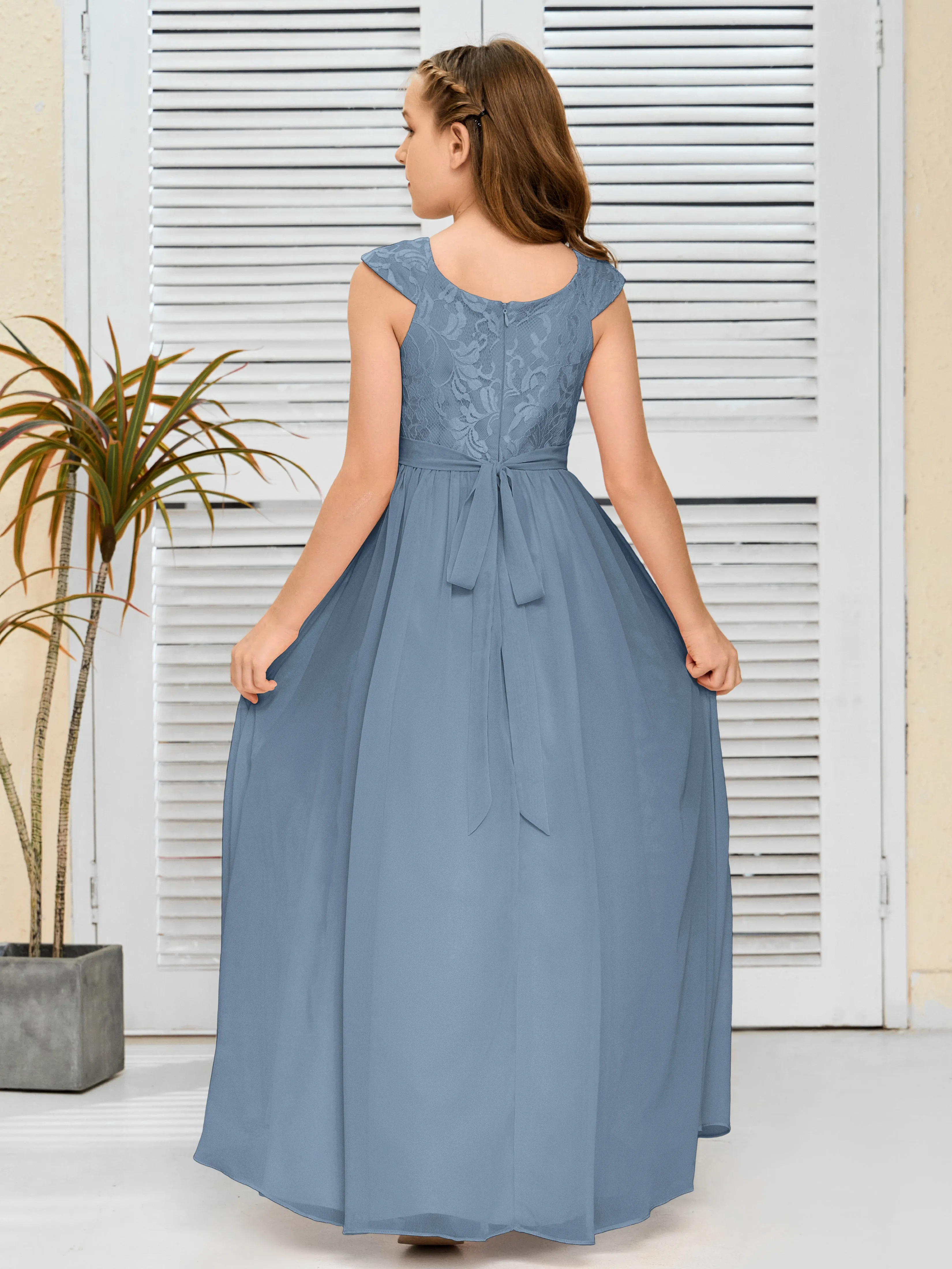 Round Neck Cap Sleeves Chiffon Junior Bridesmaid Dress