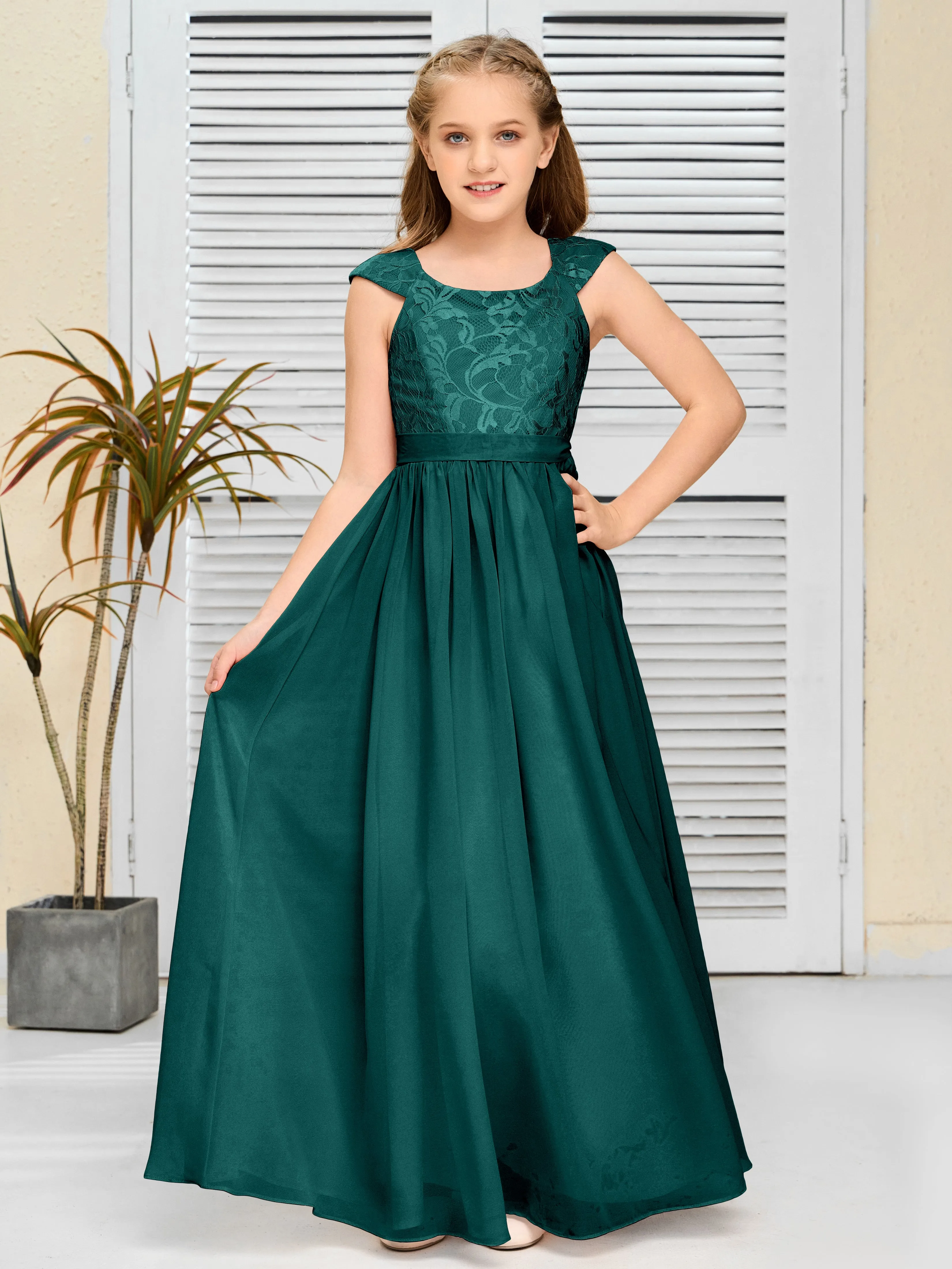 Round Neck Cap Sleeves Chiffon Junior Bridesmaid Dress