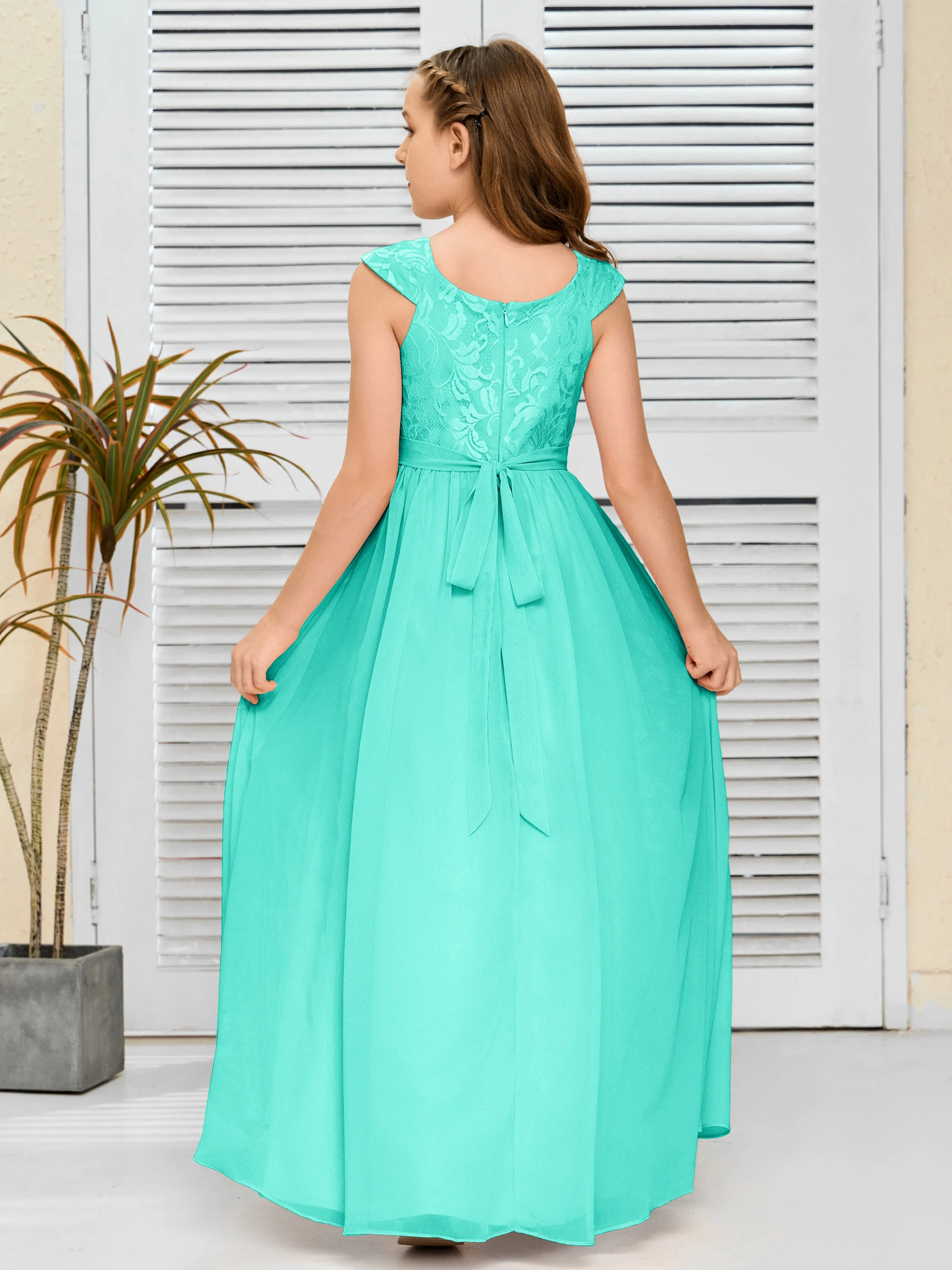 Round Neck Cap Sleeves Chiffon Junior Bridesmaid Dress