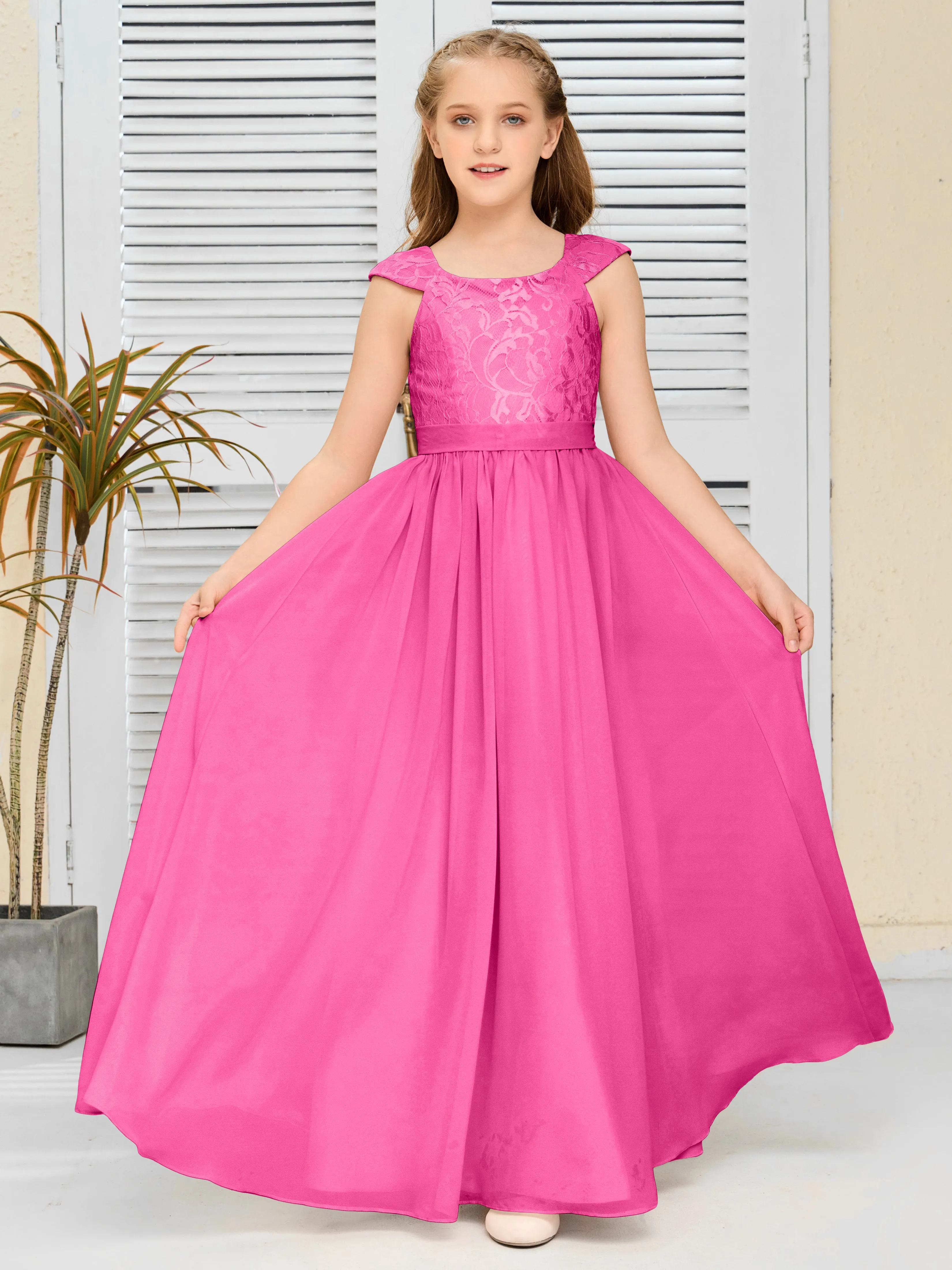 Round Neck Cap Sleeves Chiffon Junior Bridesmaid Dress