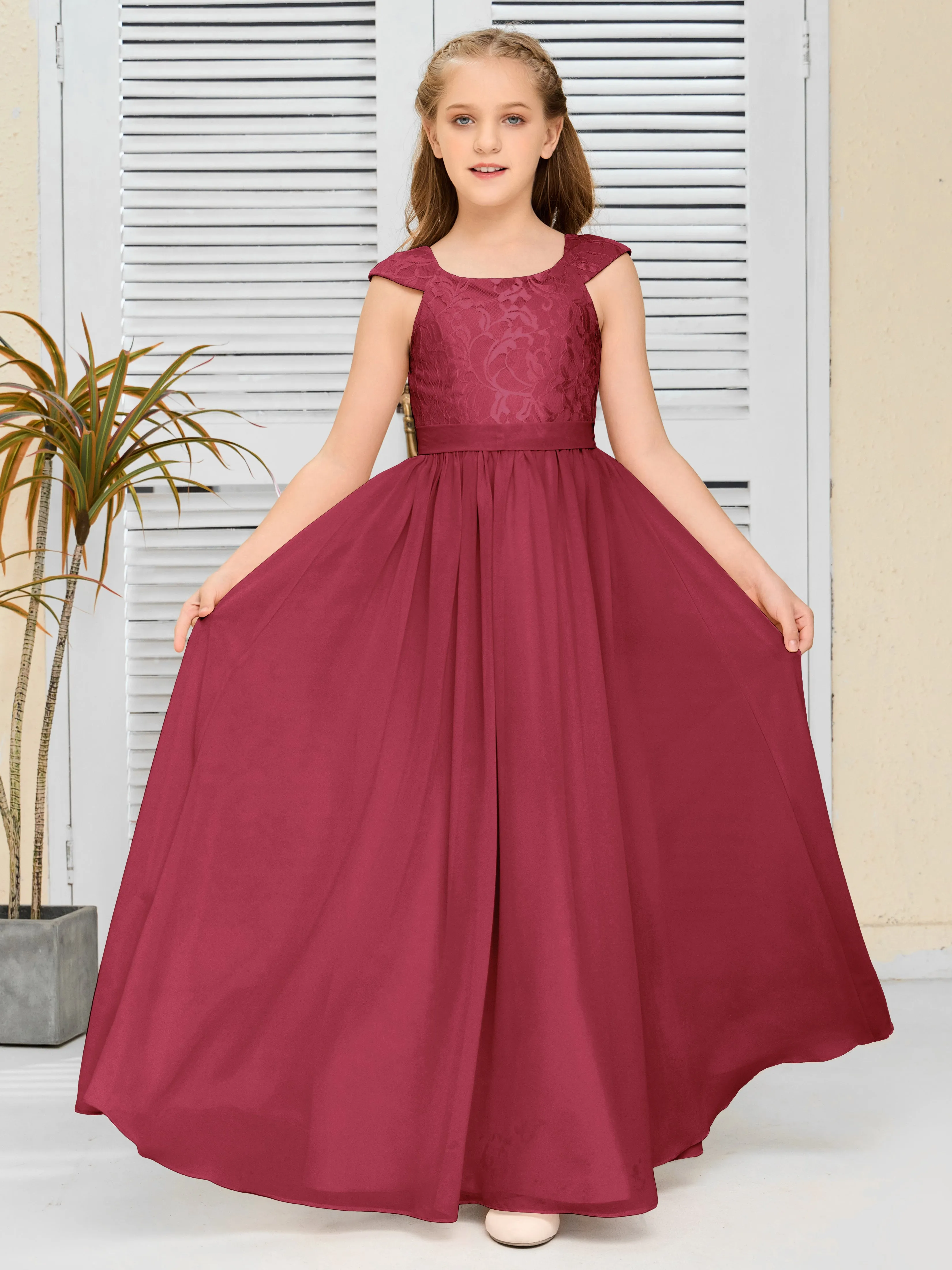 Round Neck Cap Sleeves Chiffon Junior Bridesmaid Dress