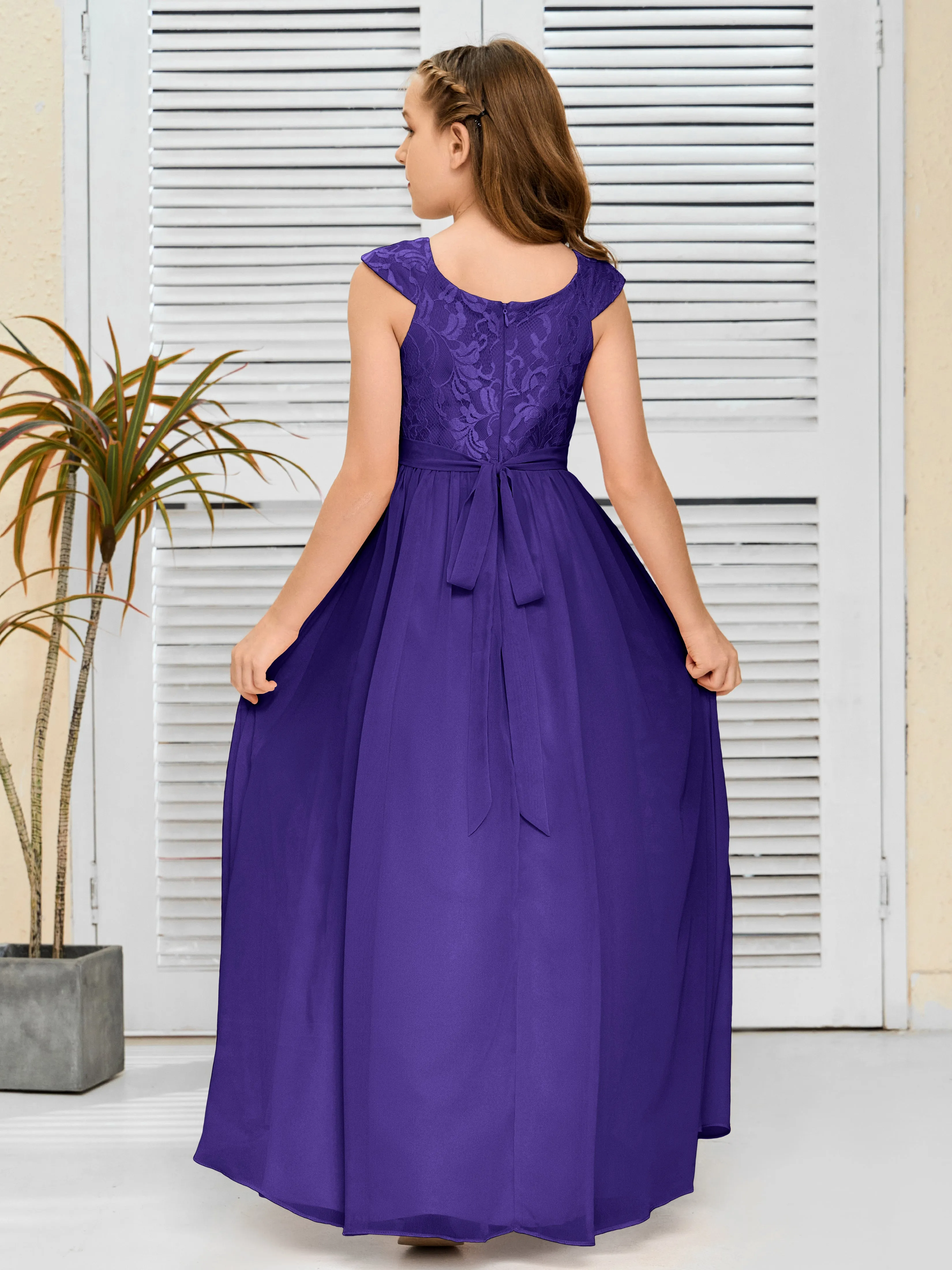 Round Neck Cap Sleeves Chiffon Junior Bridesmaid Dress