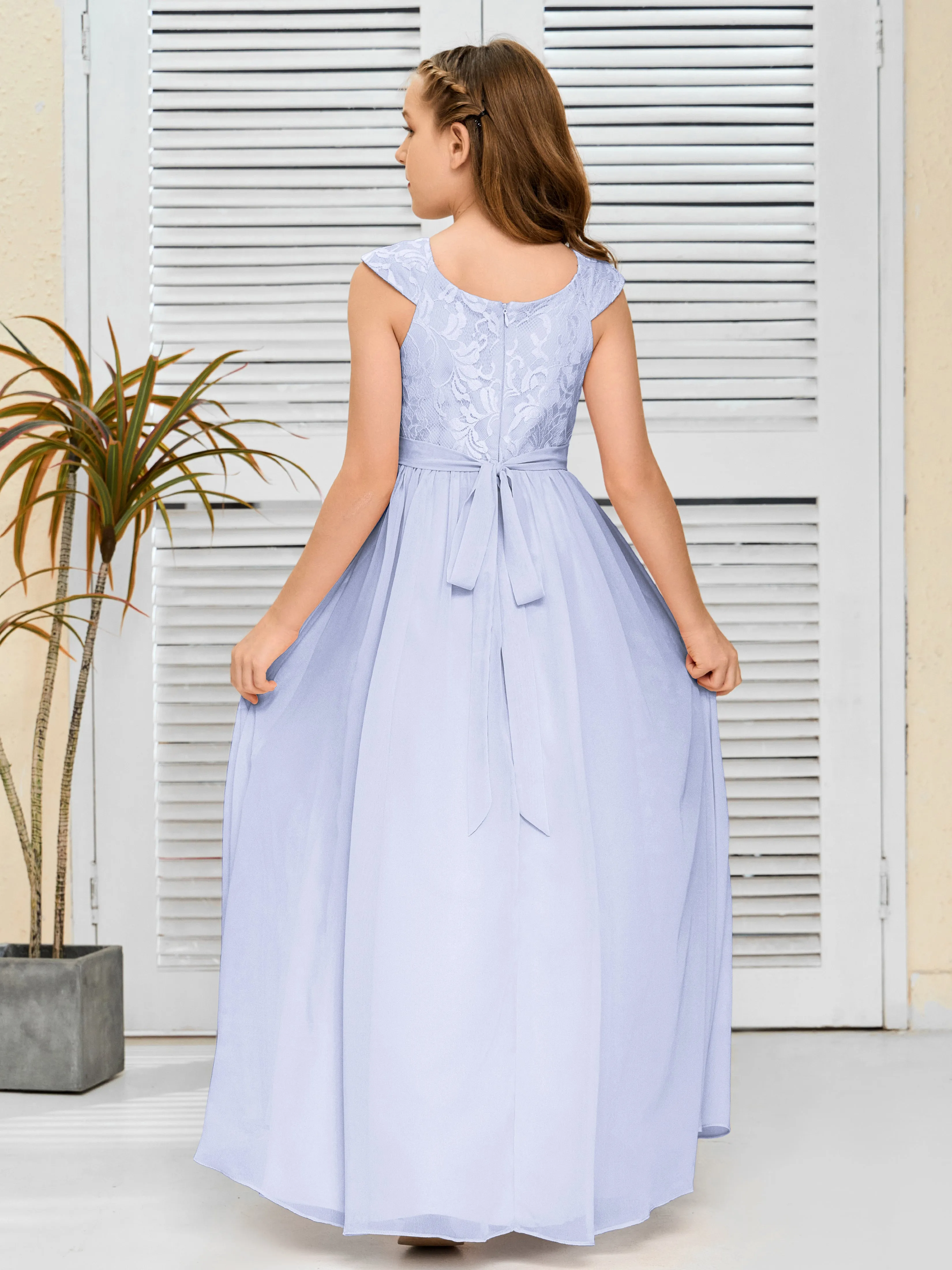 Round Neck Cap Sleeves Chiffon Junior Bridesmaid Dress