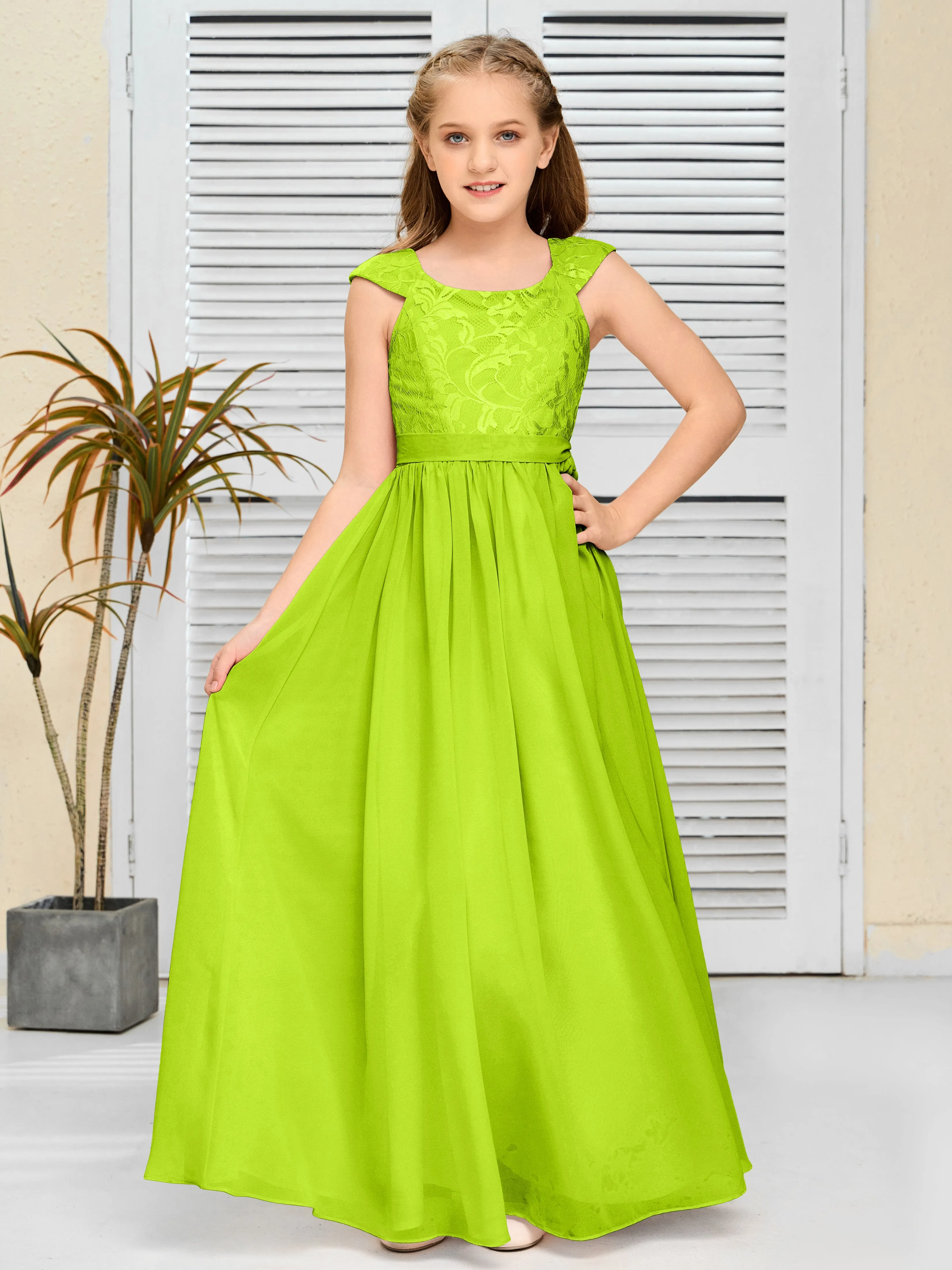 Round Neck Cap Sleeves Chiffon Junior Bridesmaid Dress