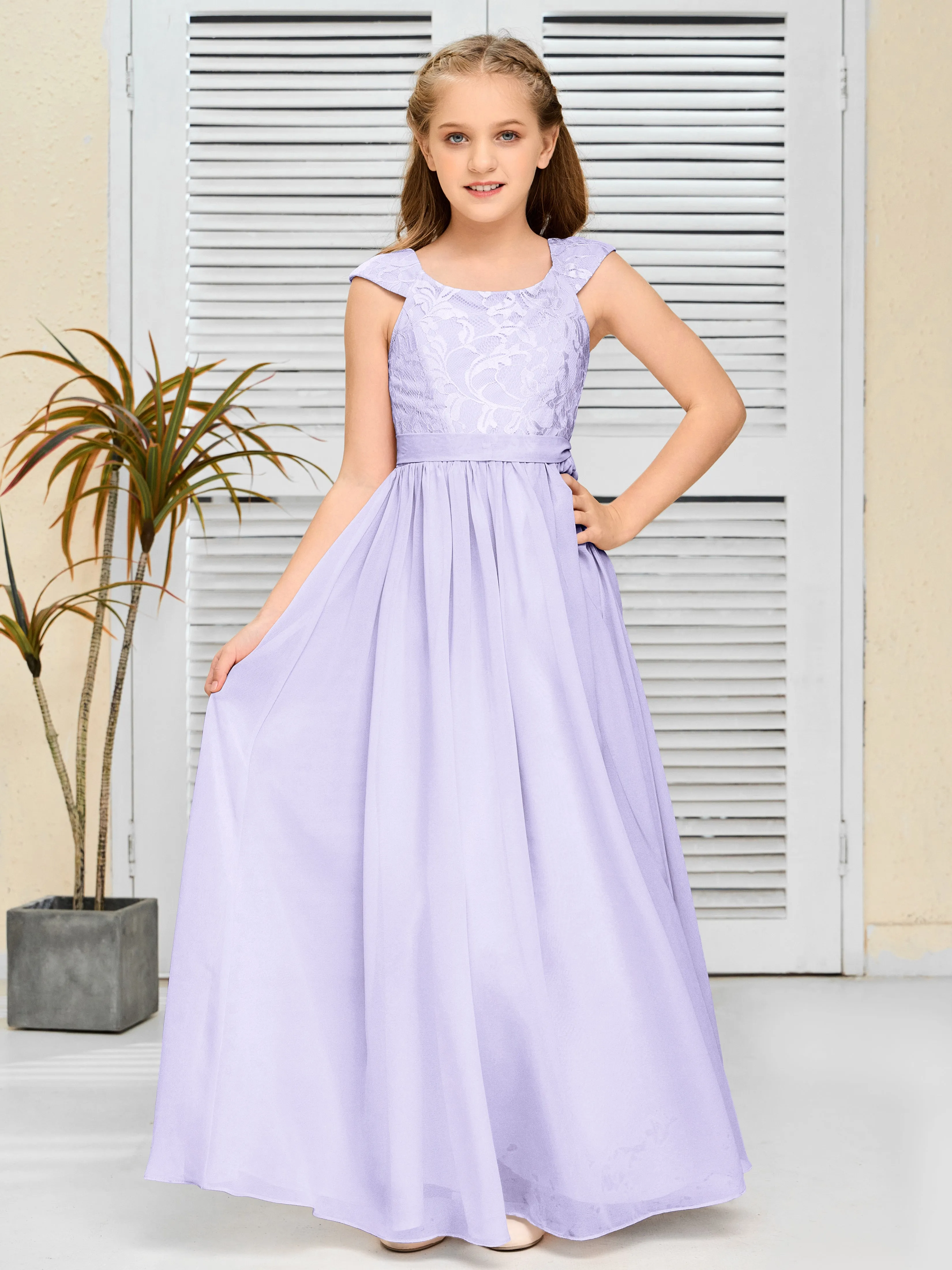 Round Neck Cap Sleeves Chiffon Junior Bridesmaid Dress