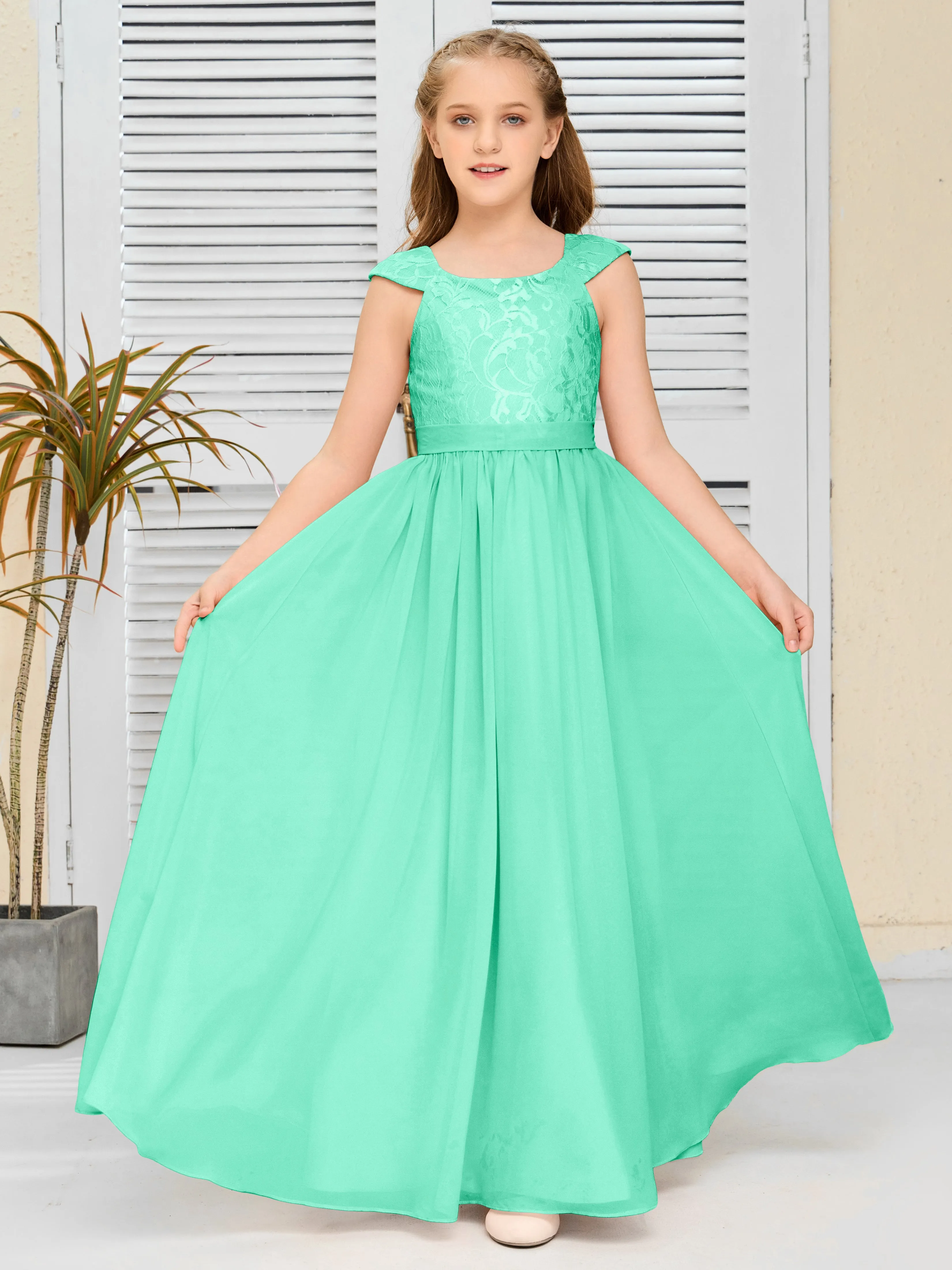 Round Neck Cap Sleeves Chiffon Junior Bridesmaid Dress