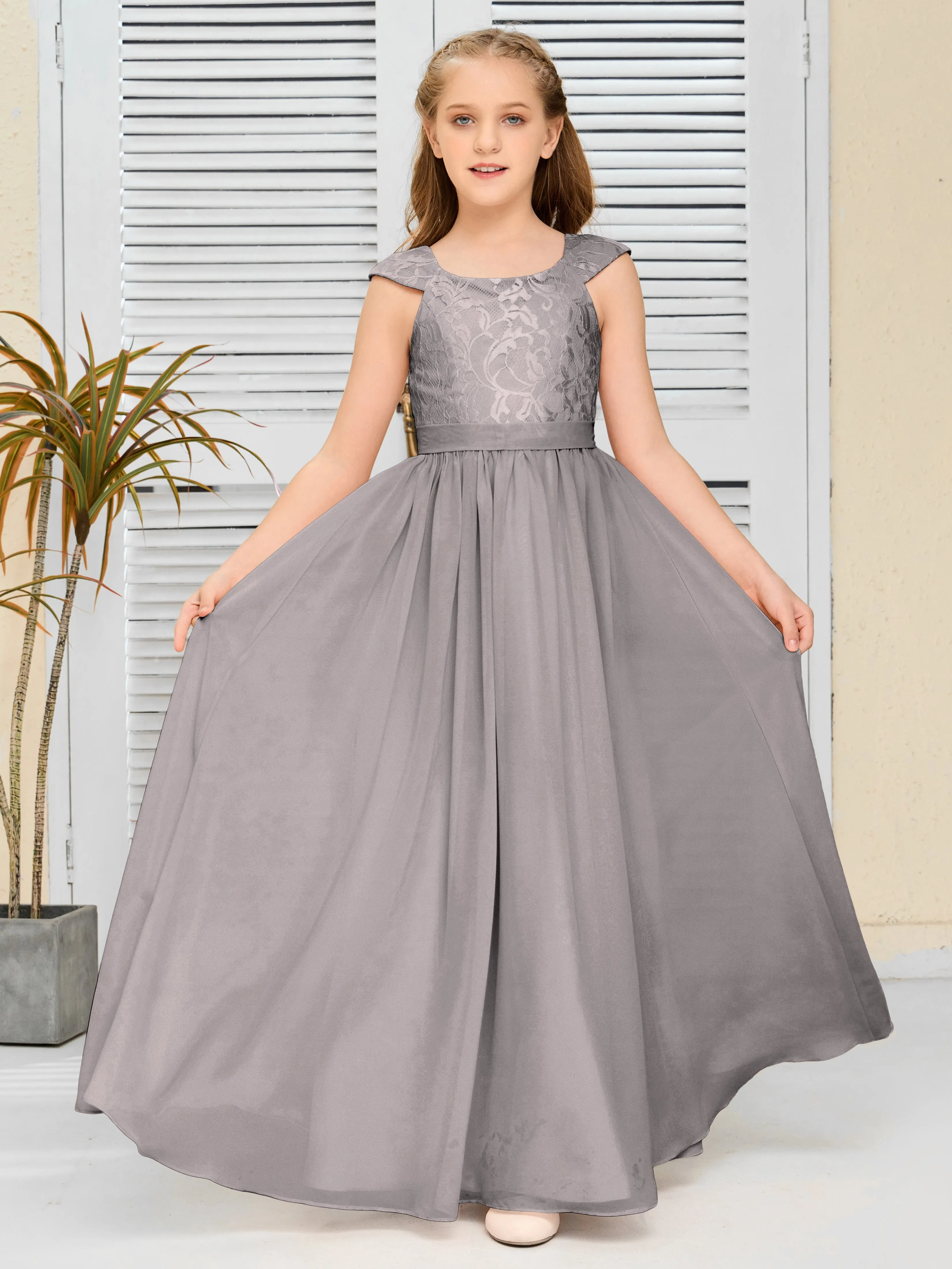 Round Neck Cap Sleeves Chiffon Junior Bridesmaid Dress