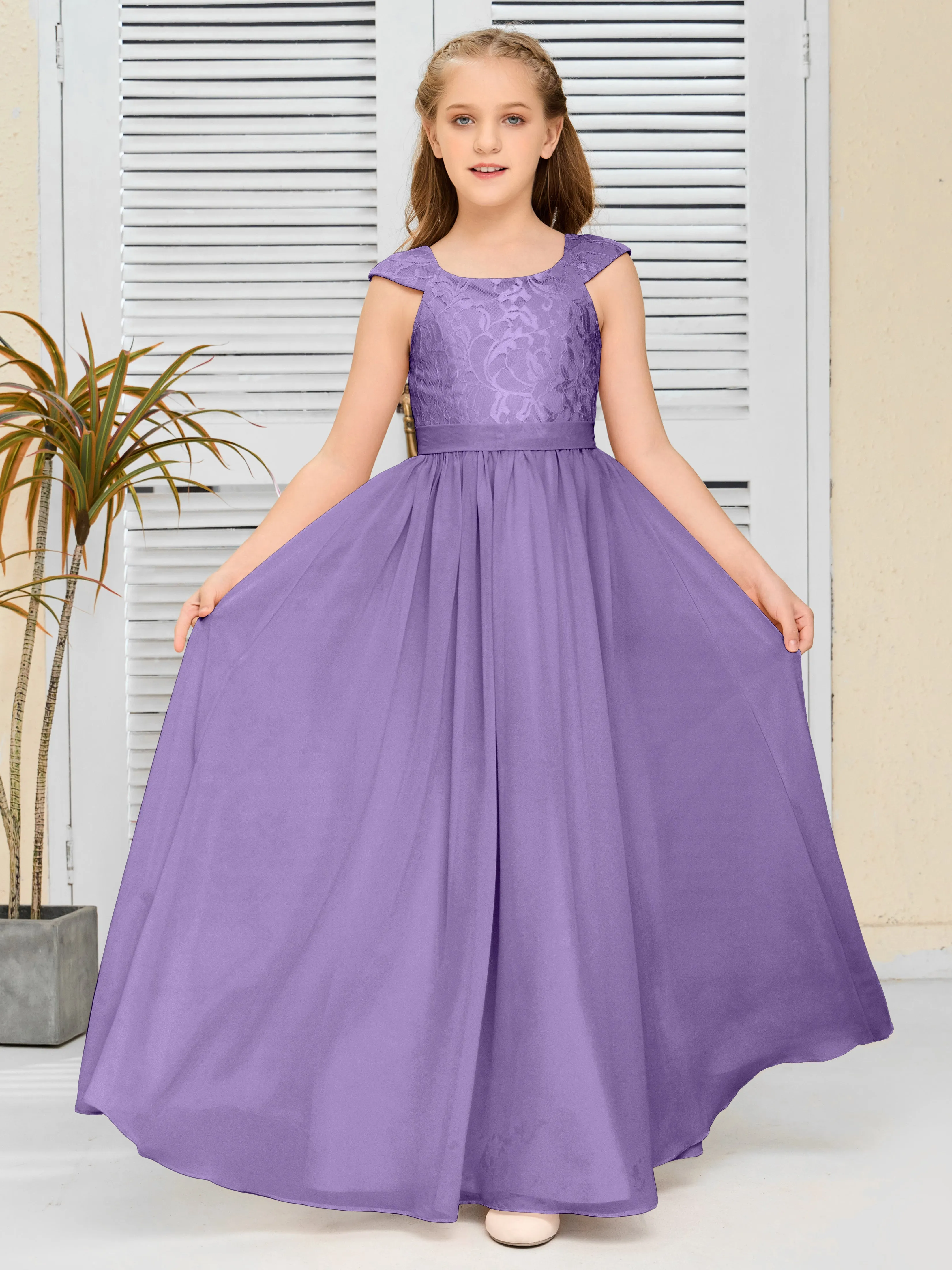 Round Neck Cap Sleeves Chiffon Junior Bridesmaid Dress