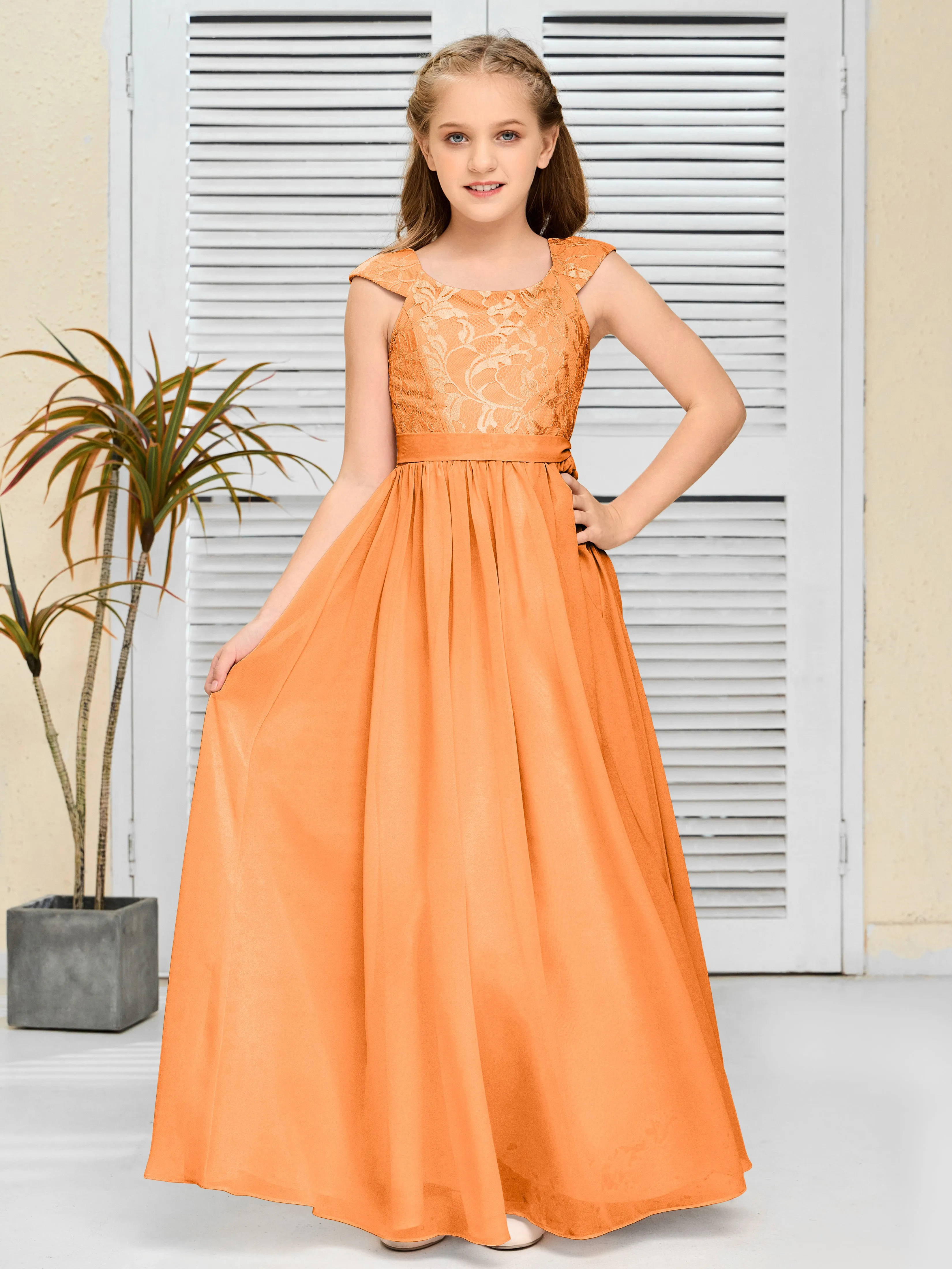 Round Neck Cap Sleeves Chiffon Junior Bridesmaid Dress