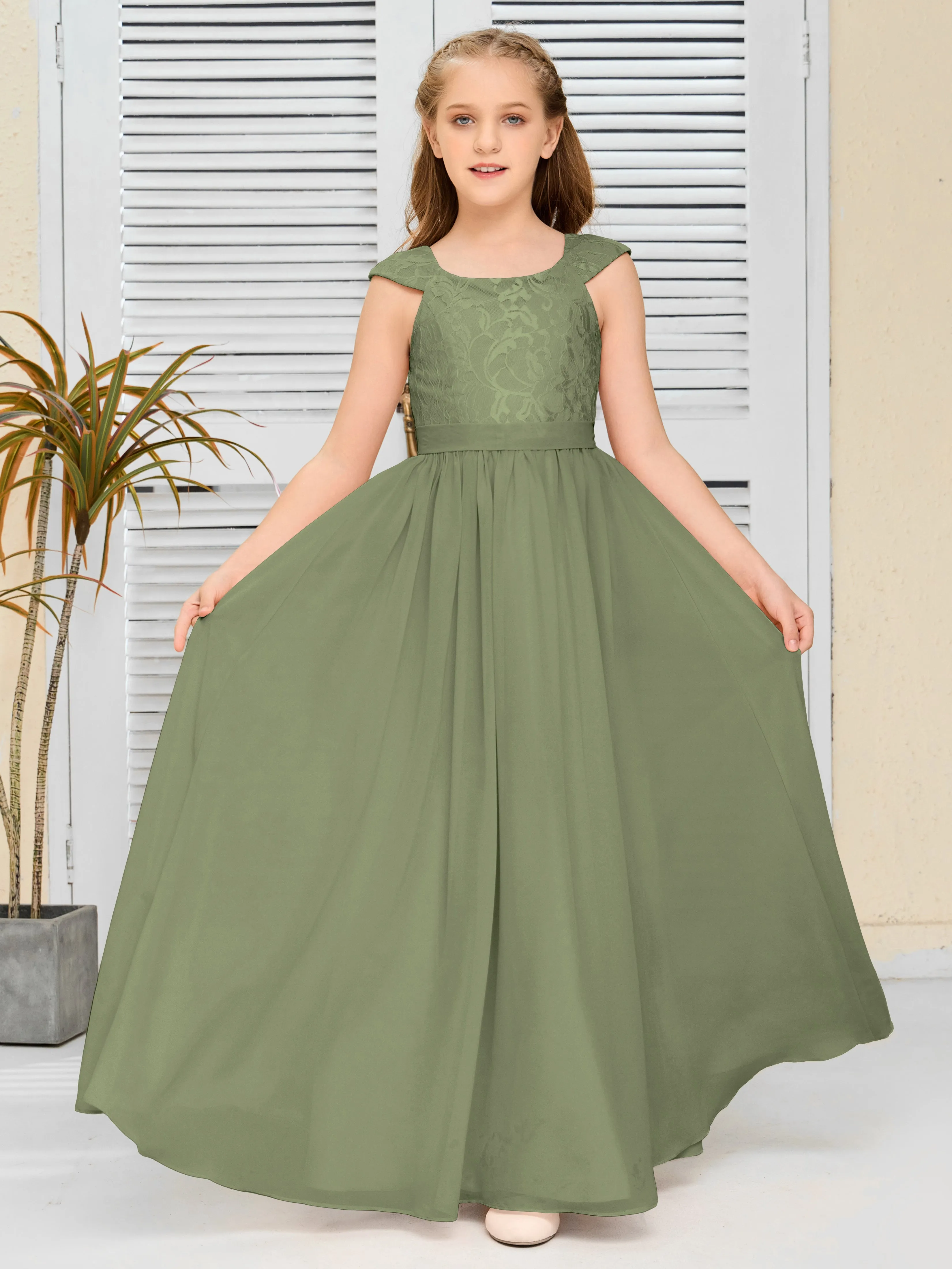 Round Neck Cap Sleeves Chiffon Junior Bridesmaid Dress