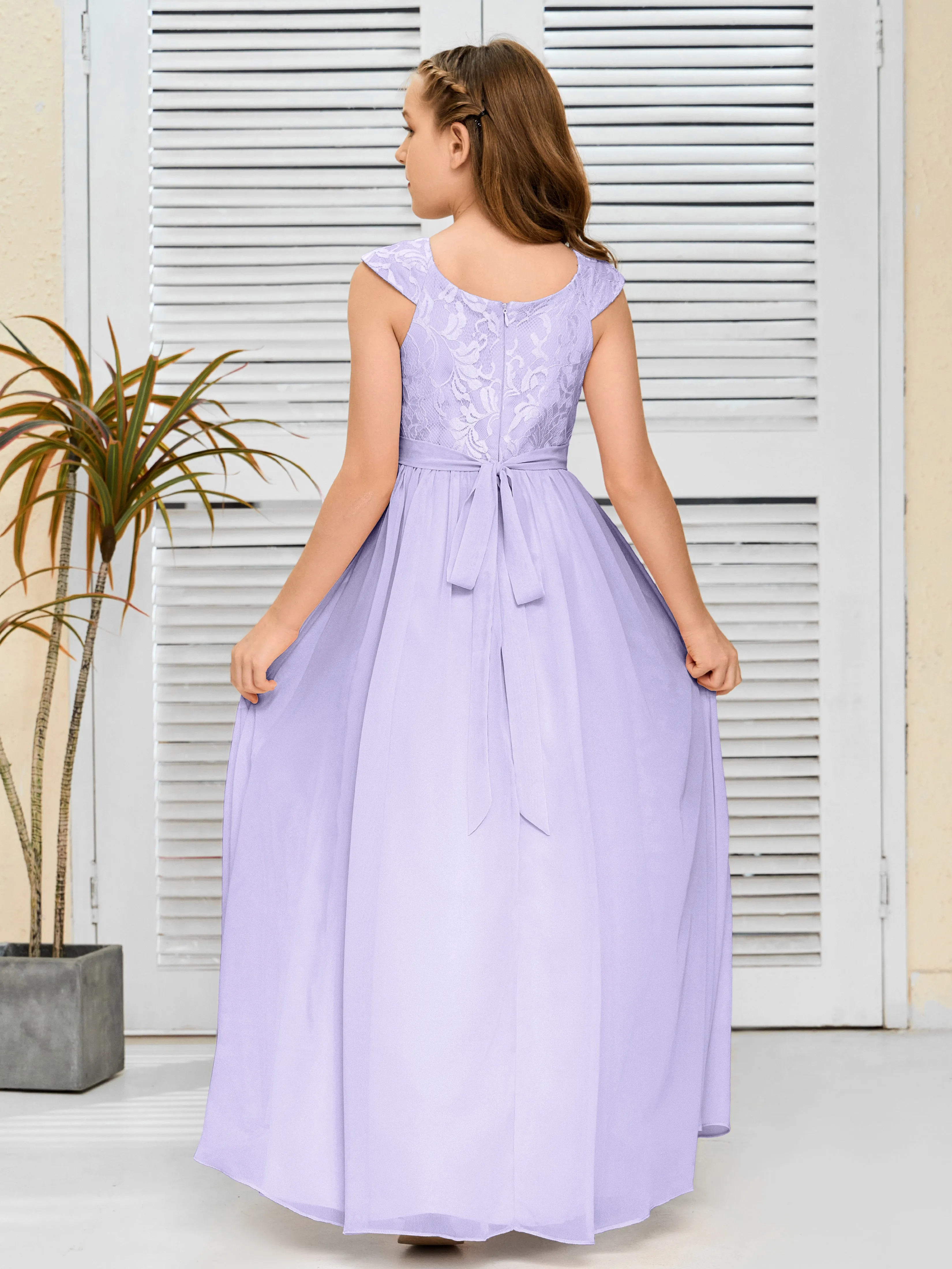 Round Neck Cap Sleeves Chiffon Junior Bridesmaid Dress