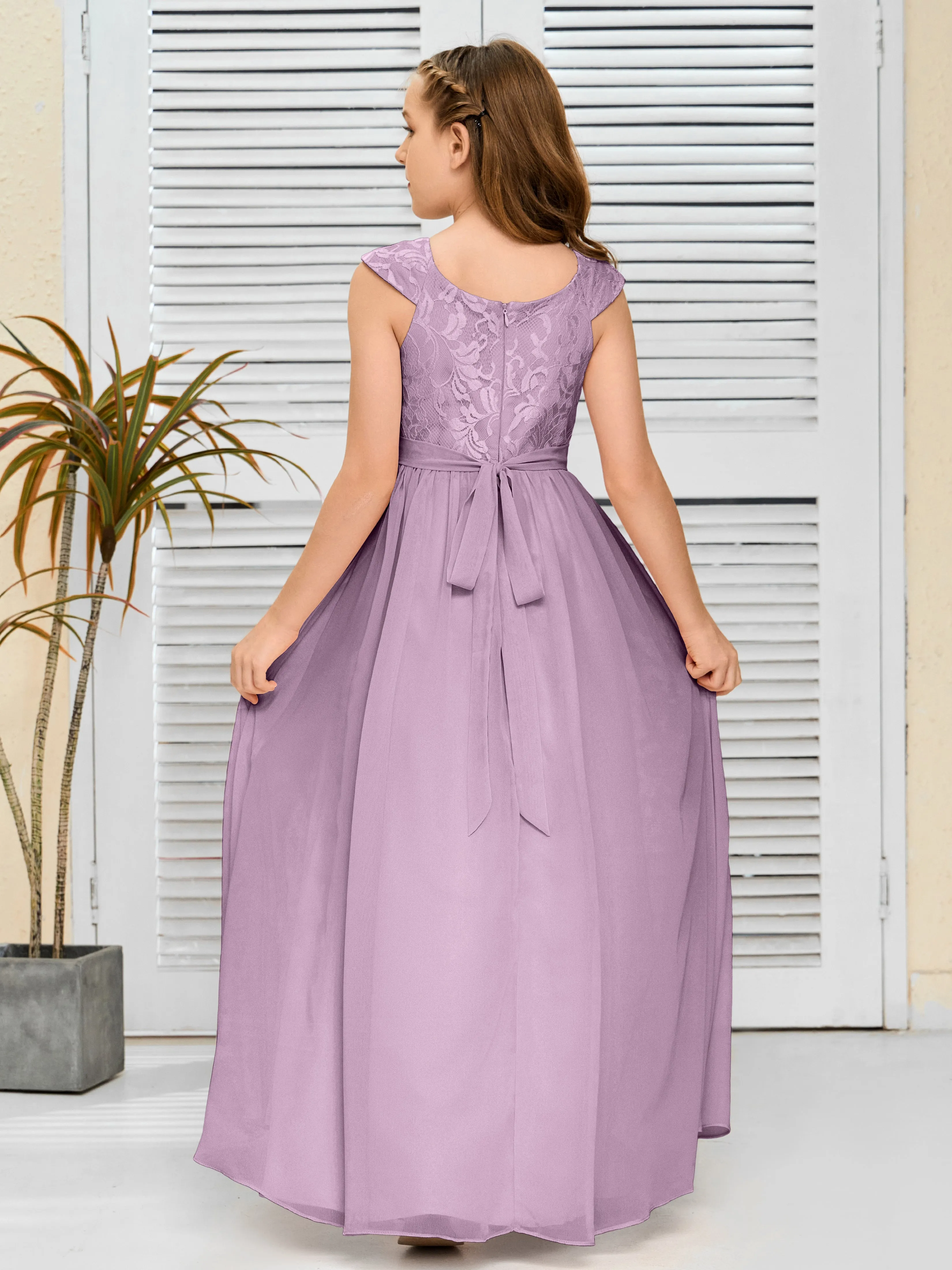 Round Neck Cap Sleeves Chiffon Junior Bridesmaid Dress