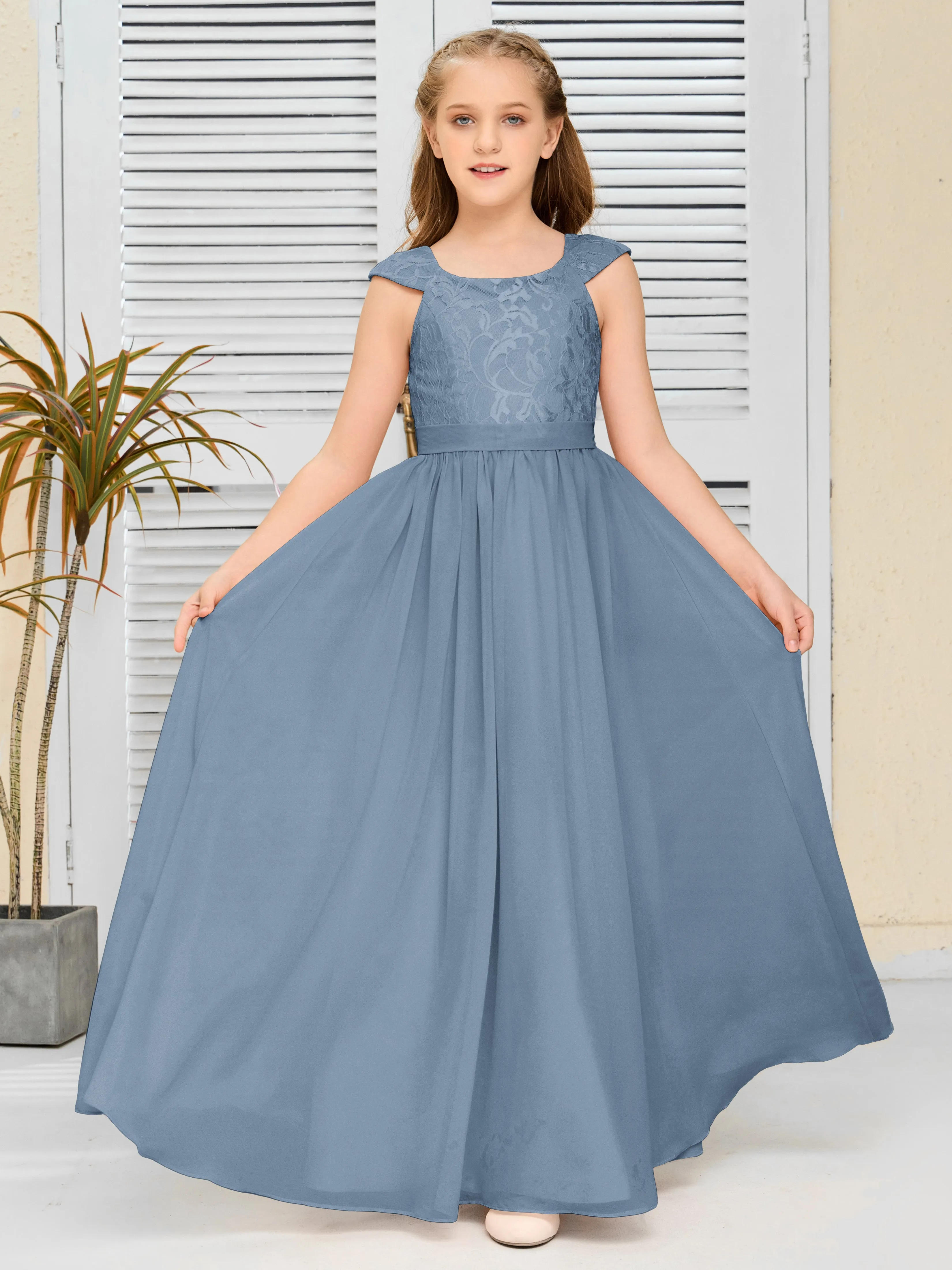 Round Neck Cap Sleeves Chiffon Junior Bridesmaid Dress