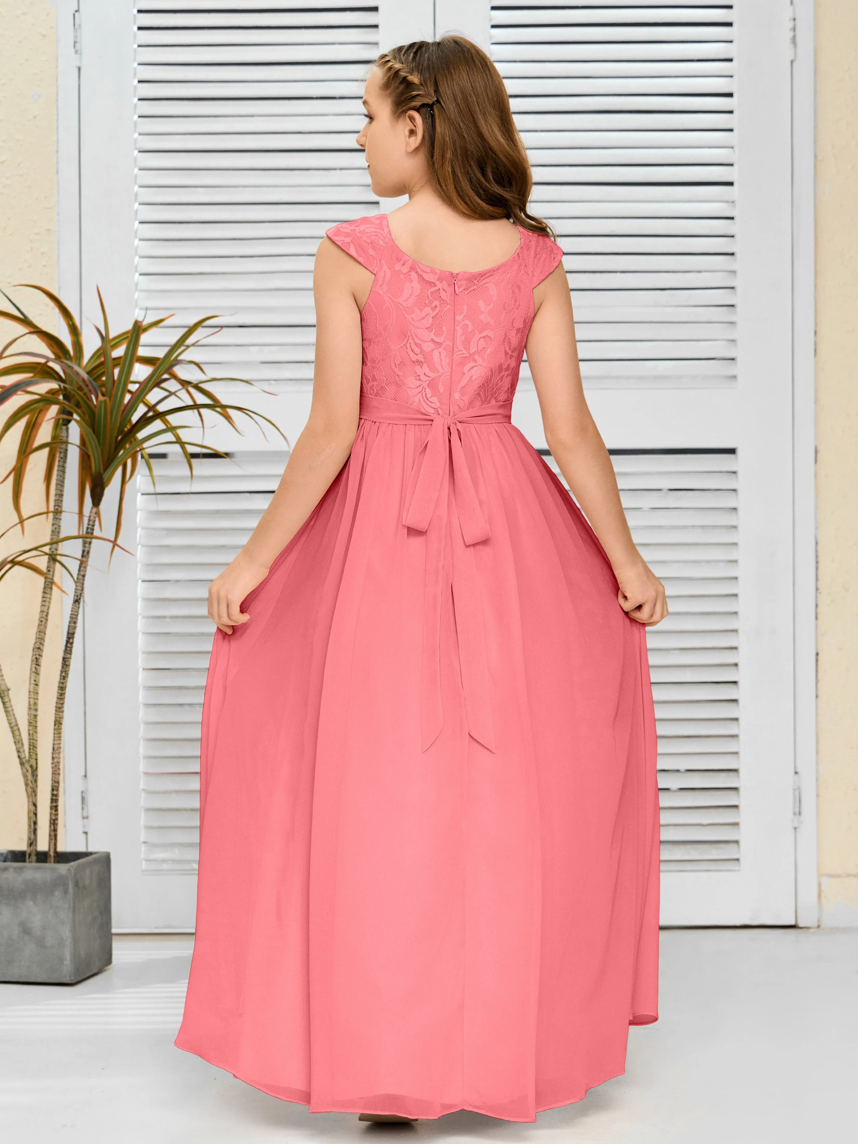 Round Neck Cap Sleeves Chiffon Junior Bridesmaid Dress