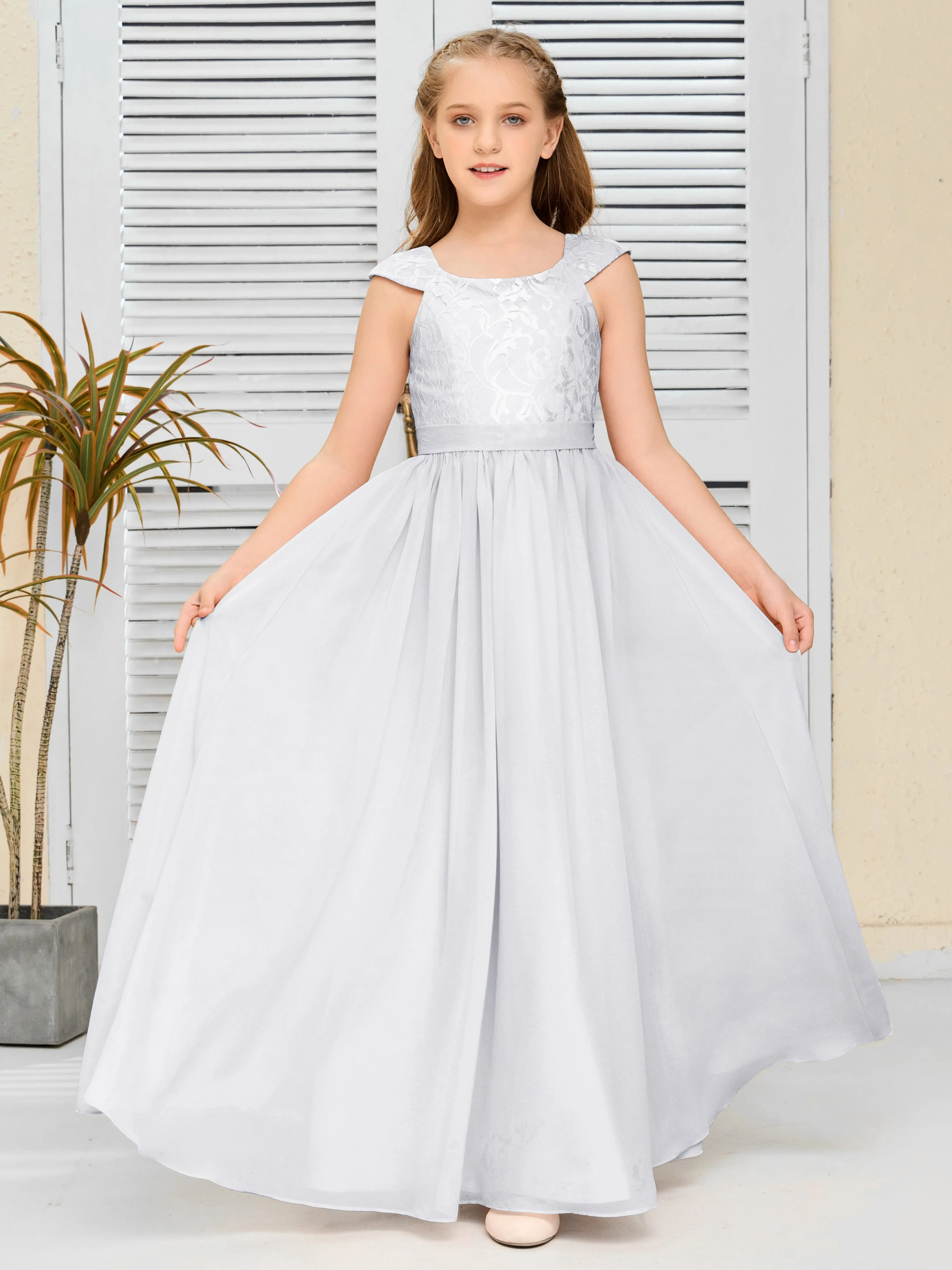 Round Neck Cap Sleeves Chiffon Junior Bridesmaid Dress