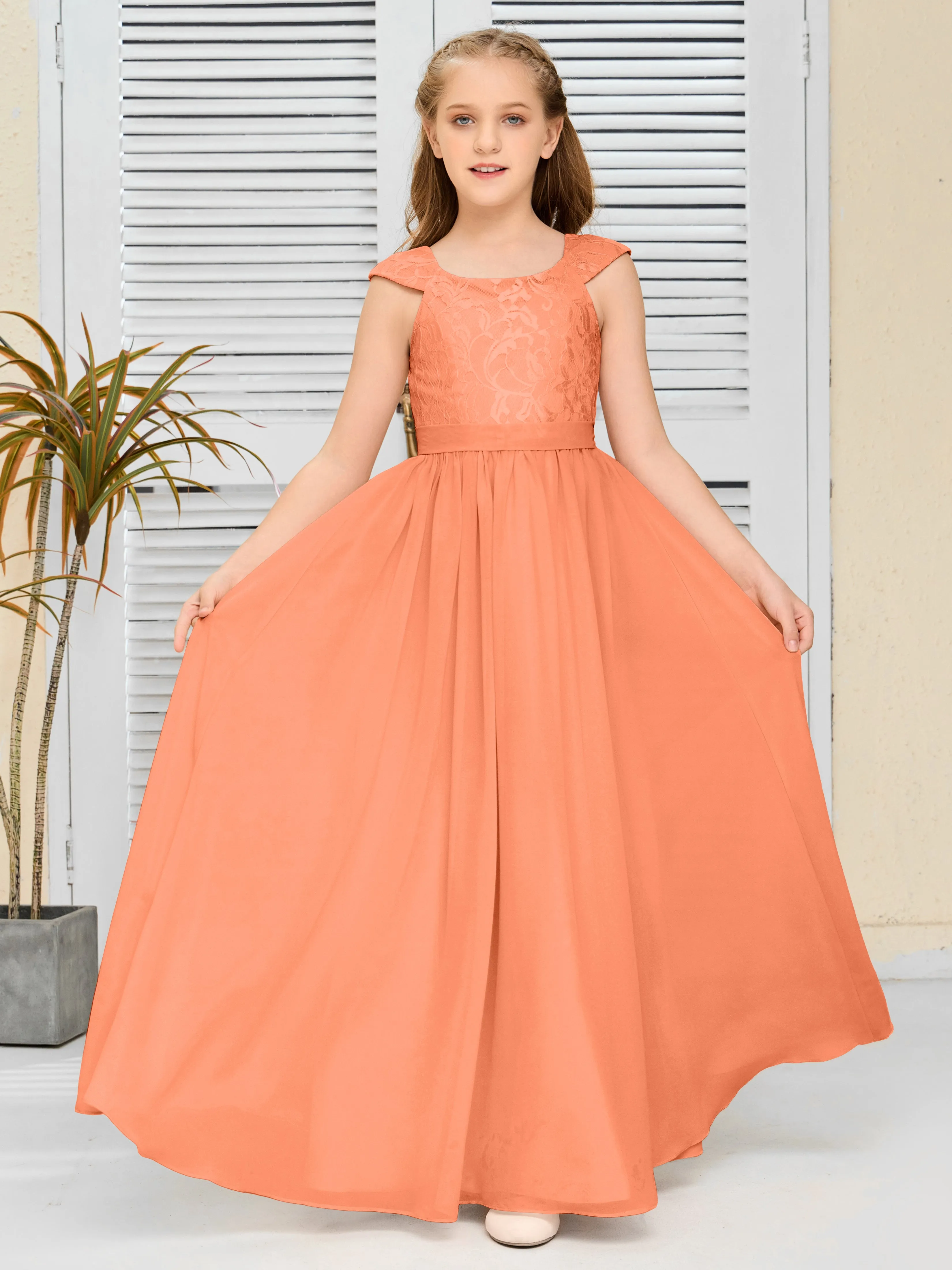 Round Neck Cap Sleeves Chiffon Junior Bridesmaid Dress