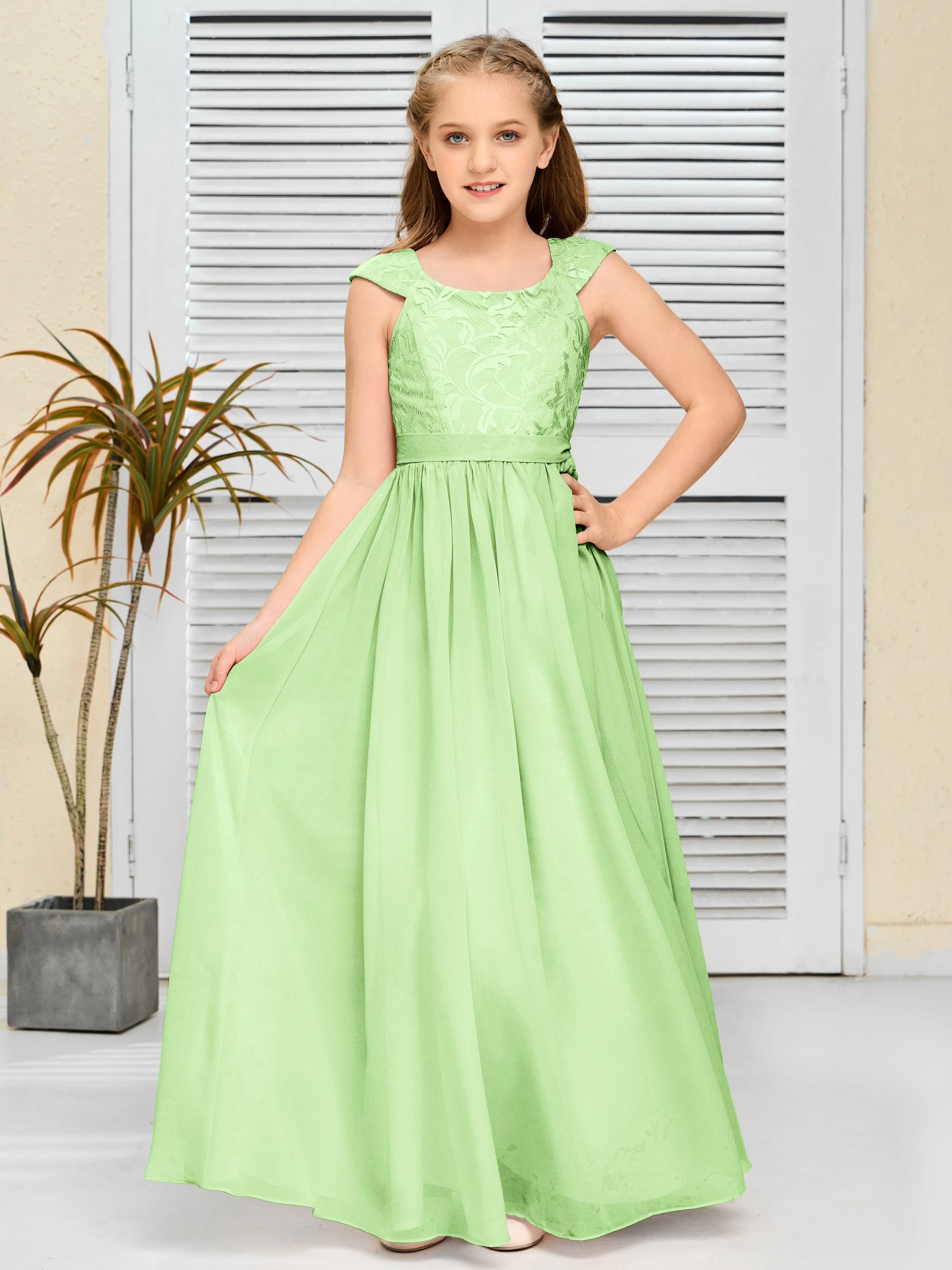 Round Neck Cap Sleeves Chiffon Junior Bridesmaid Dress