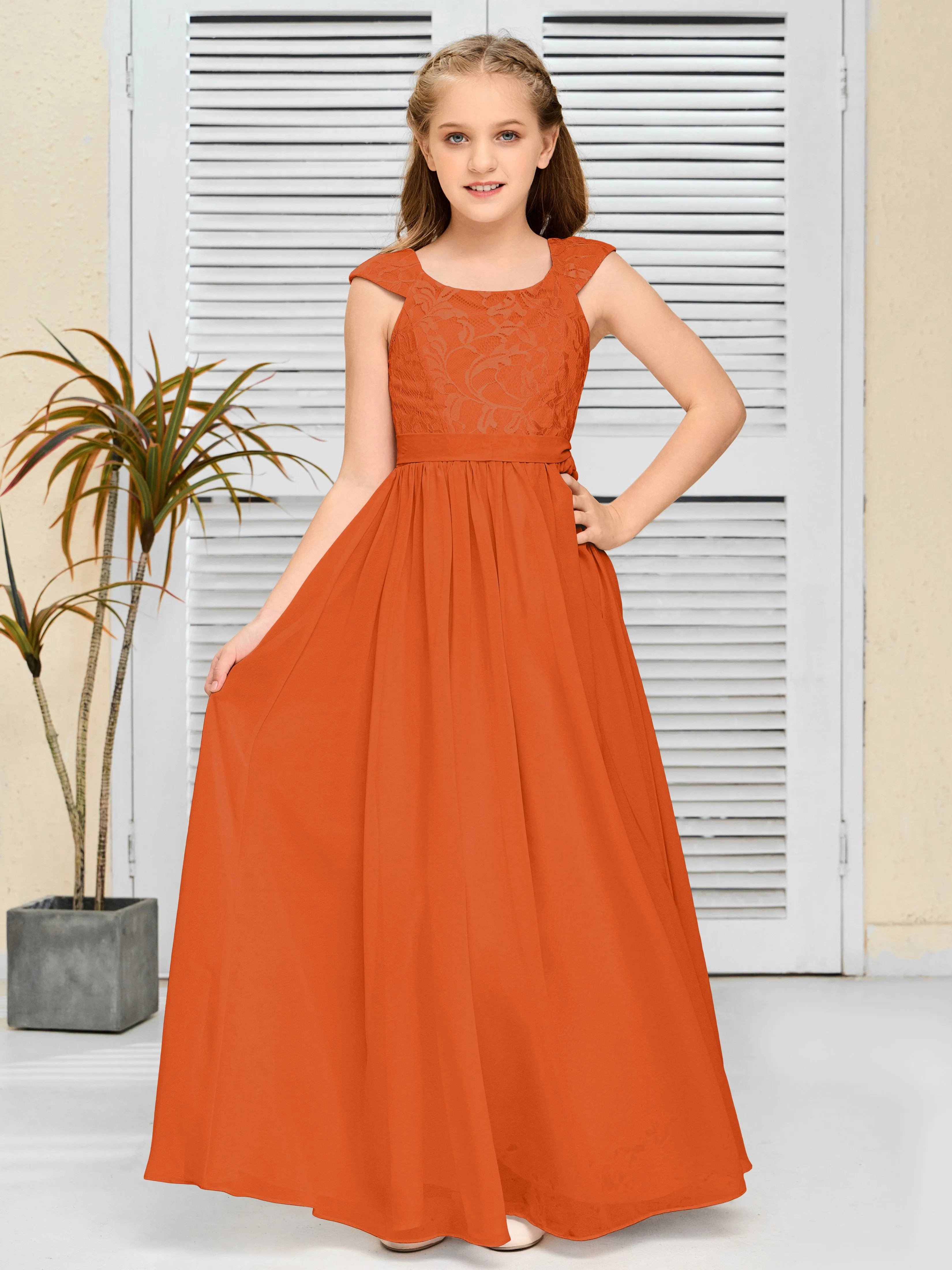 Round Neck Cap Sleeves Chiffon Junior Bridesmaid Dress