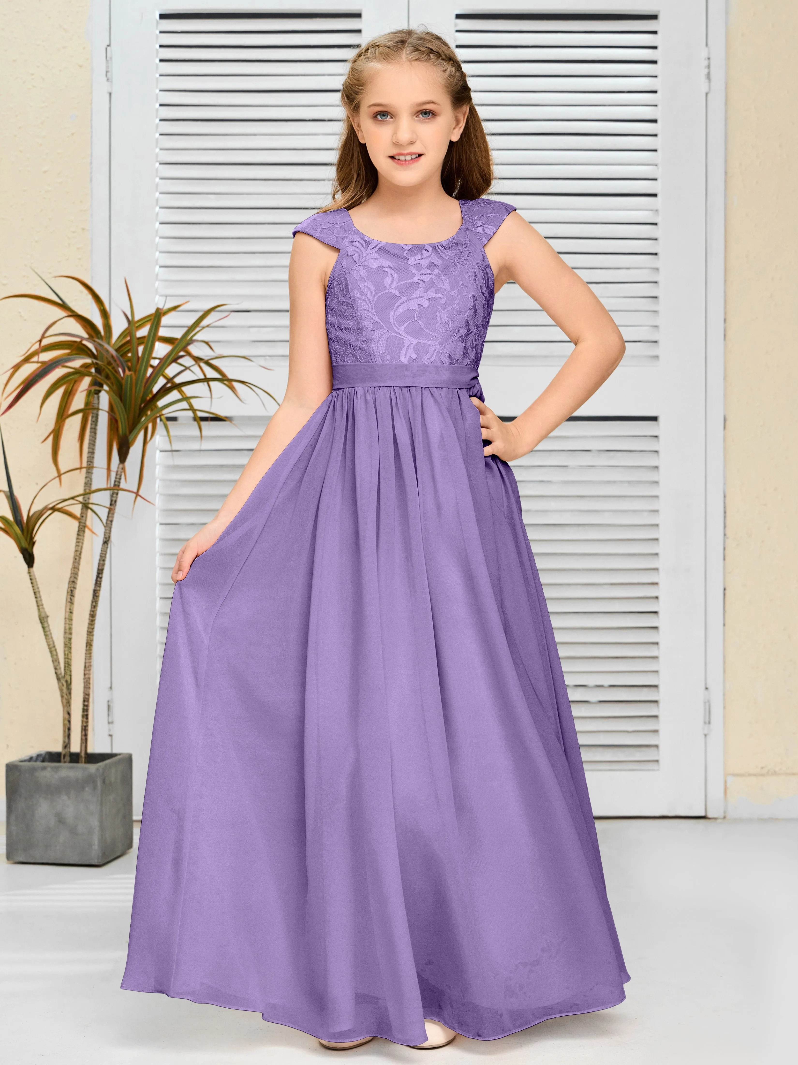 Round Neck Cap Sleeves Chiffon Junior Bridesmaid Dress