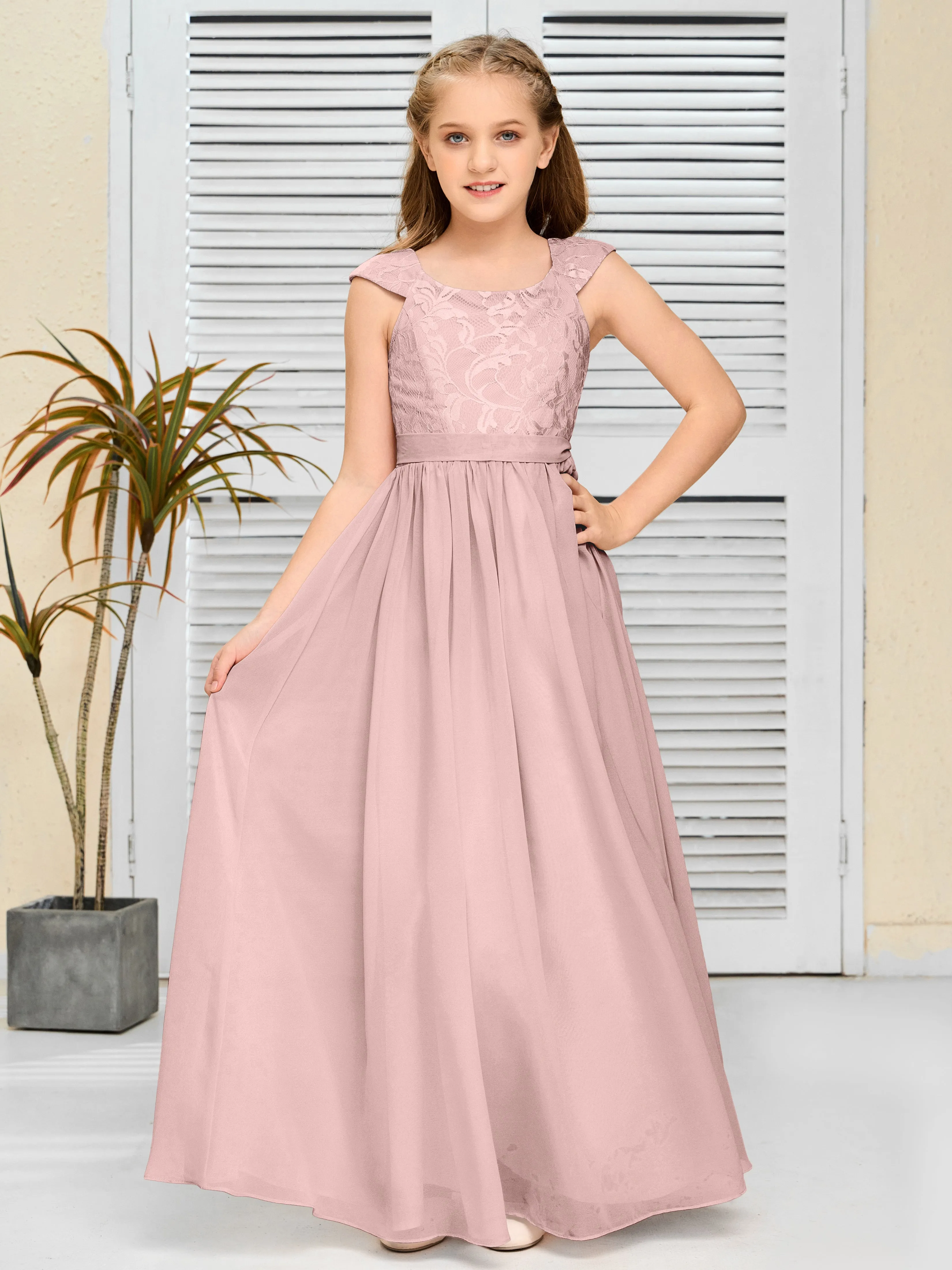 Round Neck Cap Sleeves Chiffon Junior Bridesmaid Dress