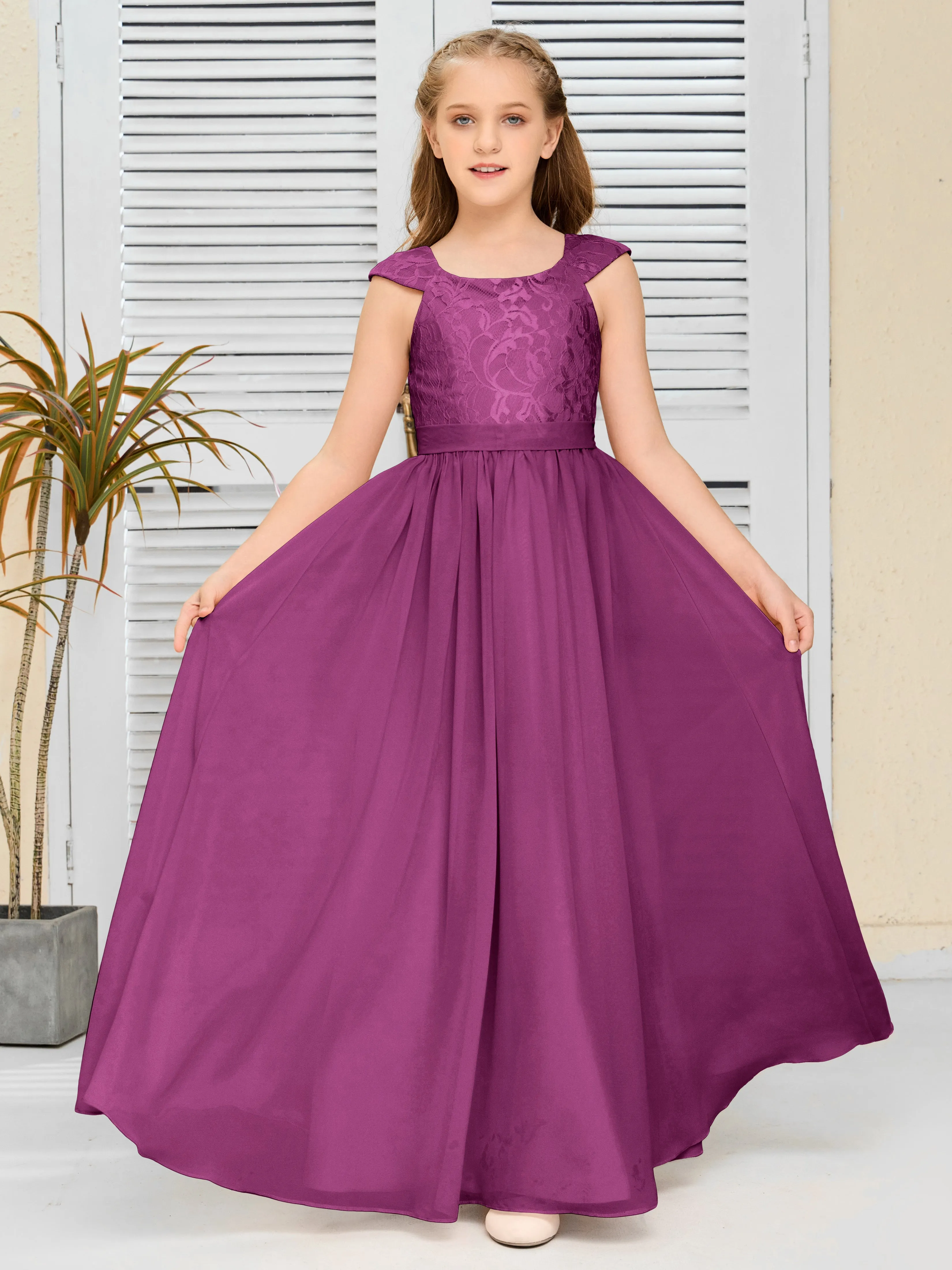 Round Neck Cap Sleeves Chiffon Junior Bridesmaid Dress